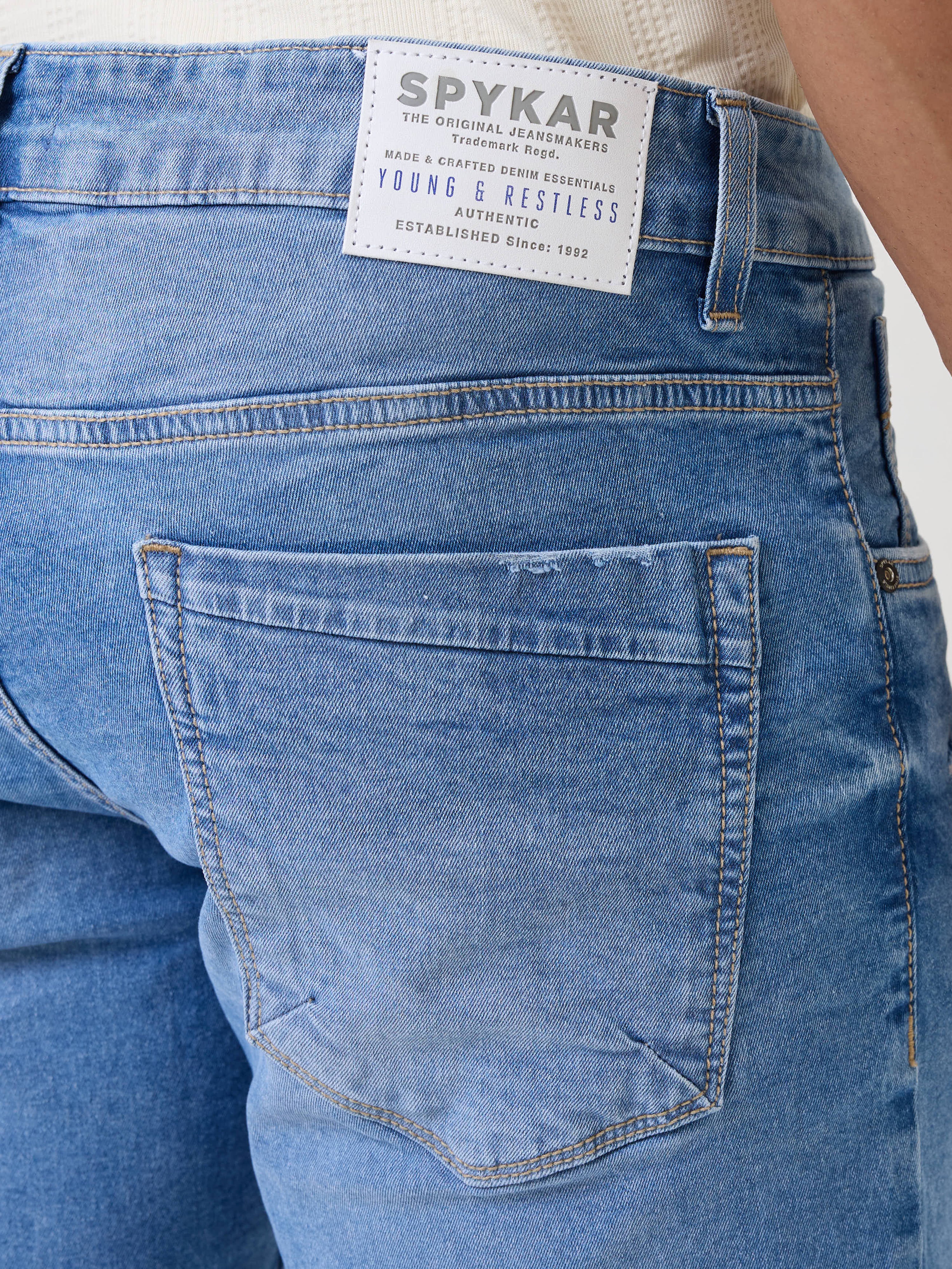 Spykar Light Blue Mid Rise Casual Shorts For Men