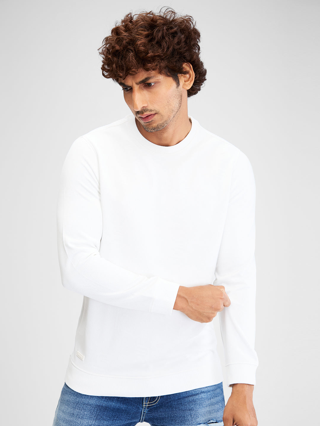 Spykar Men Solid White Slim Fit Full Sleeves Sweatshirt