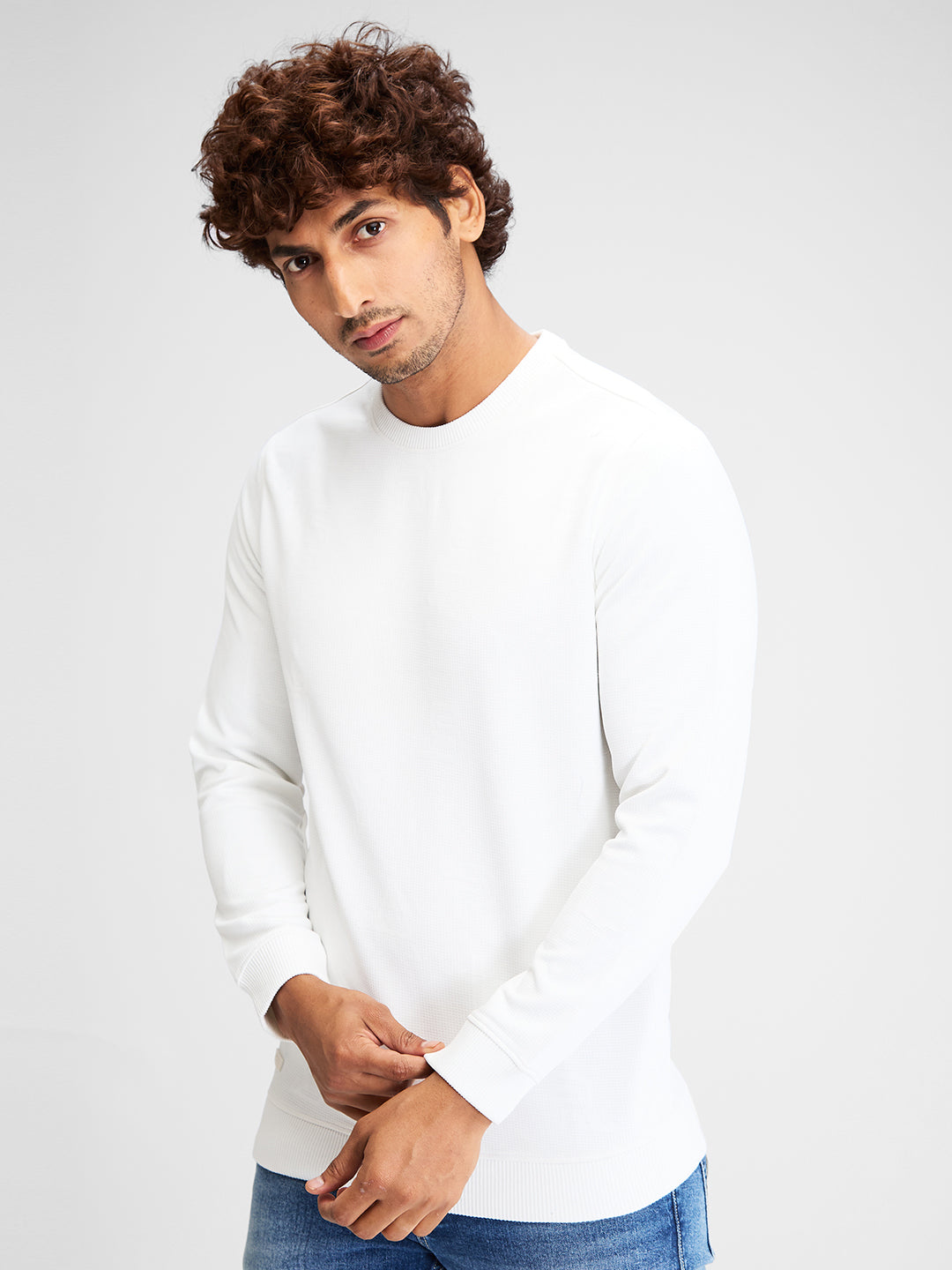 Spykar Men Solid White Slim Fit Full Sleeves Sweatshirt