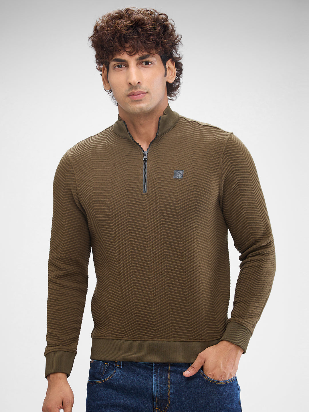 Spykar Military Green Cotton Poly Full Sleeve Sweatshirt For Men