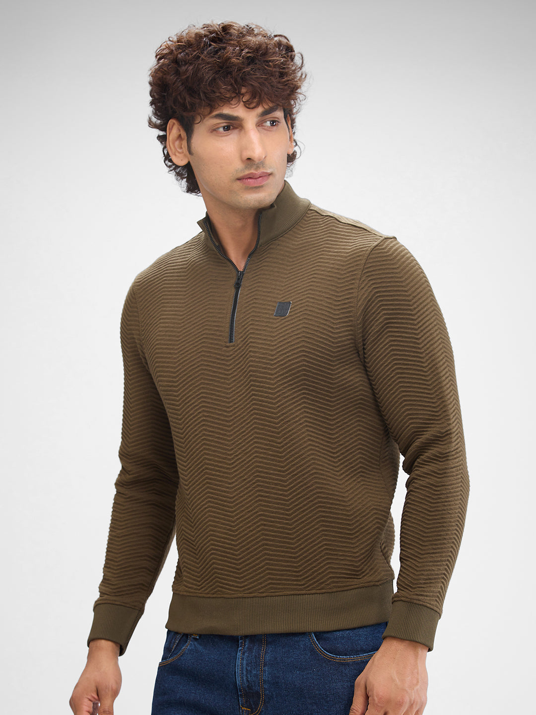 Spykar Military Green Cotton Poly Full Sleeve Sweatshirt For Men