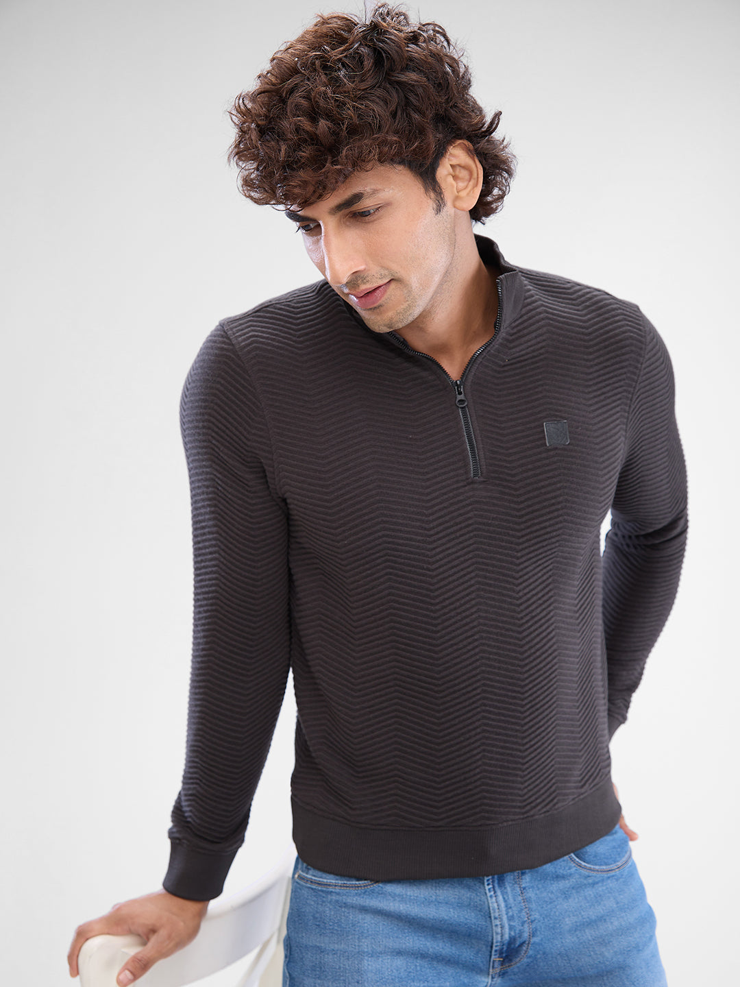 Spykar Slate Grey Cotton Poly Full Sleeve Sweatshirt For Men