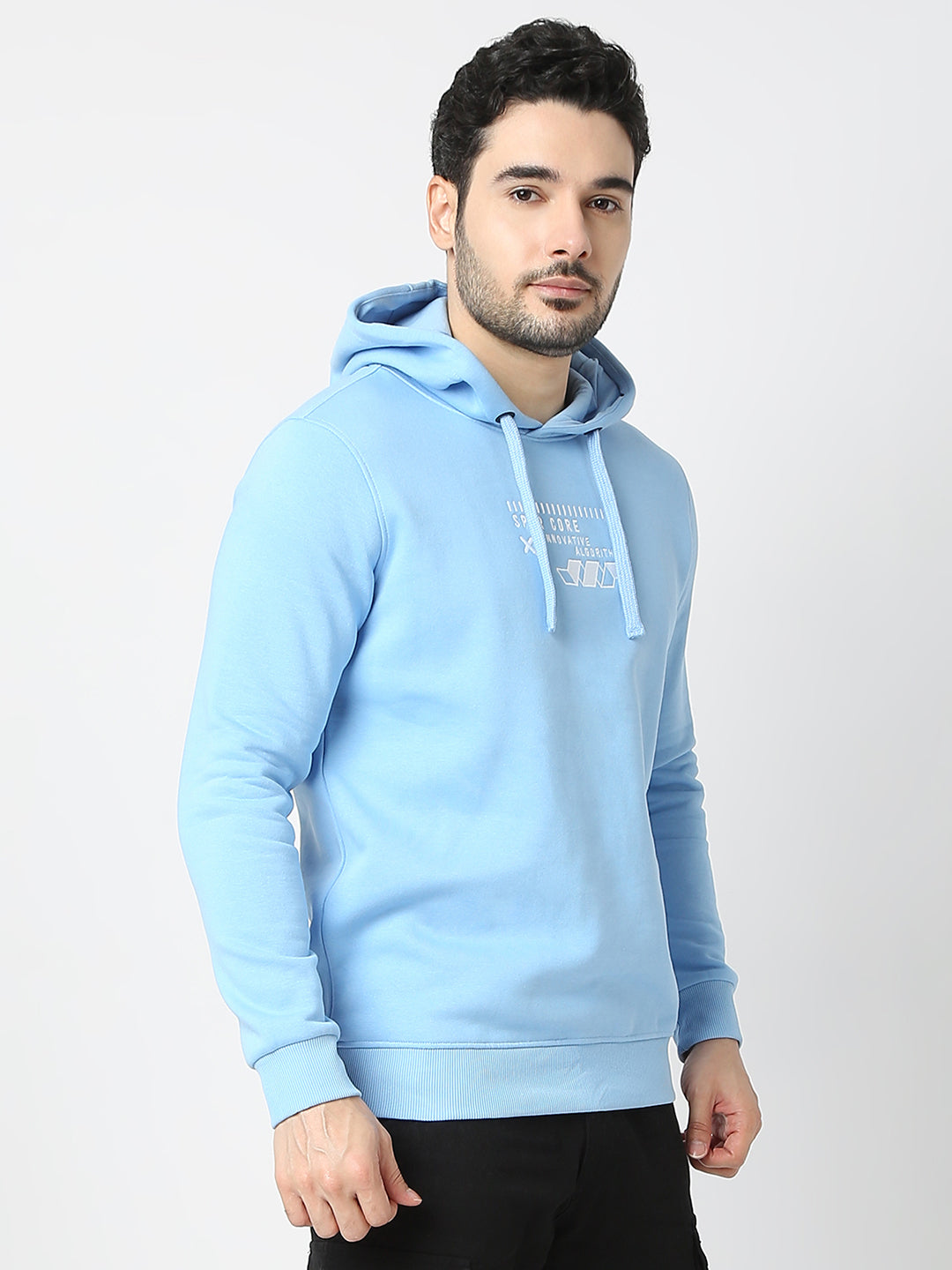 Spykar Powder Blue Cotton Full Sleeve Hooded Sweatshirt For Men