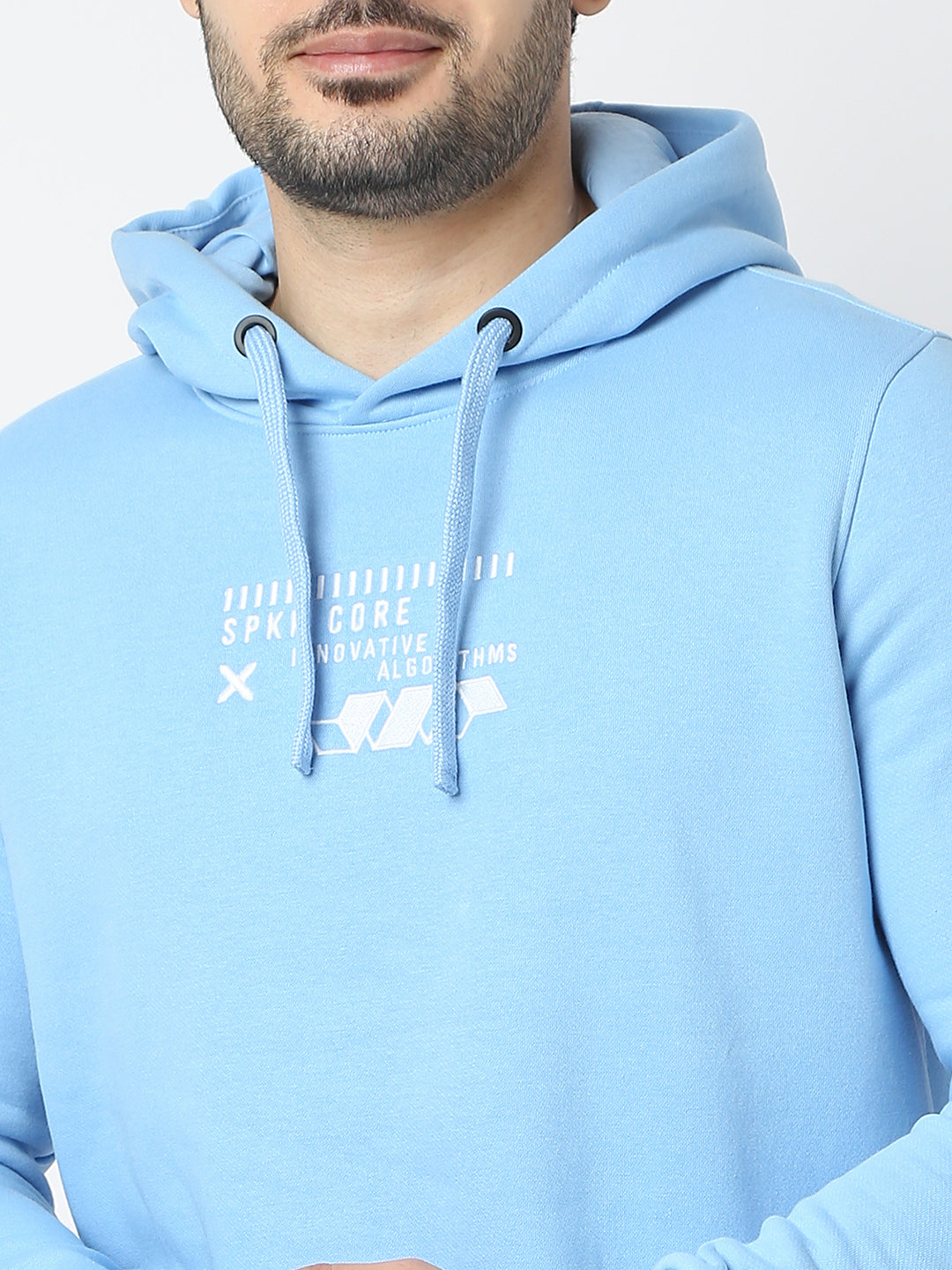 Spykar Powder Blue Cotton Full Sleeve Hooded Sweatshirt For Men