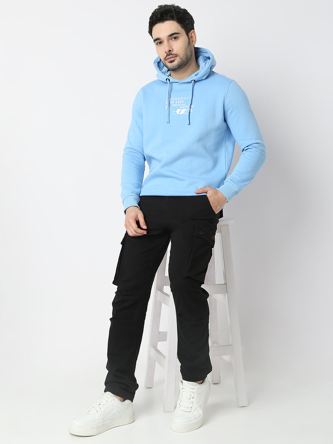 Spykar Powder Blue Cotton Full Sleeve Hooded Sweatshirt For Men