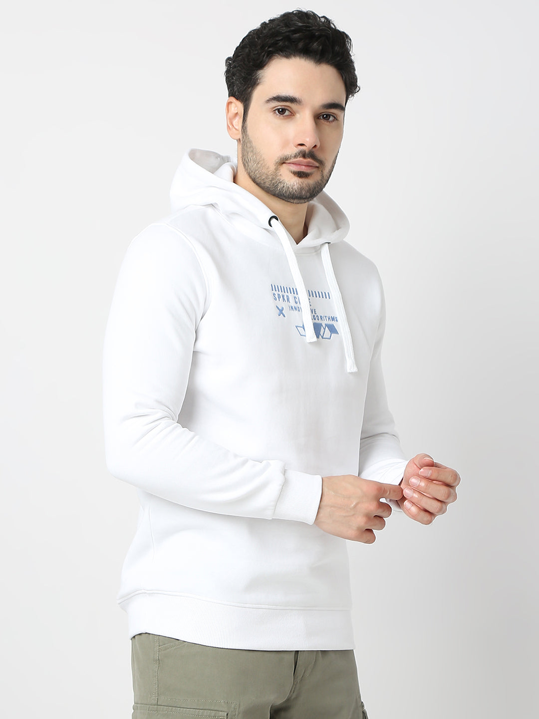 Spykar White Cotton Full Sleeve Hooded Sweatshirt For Men