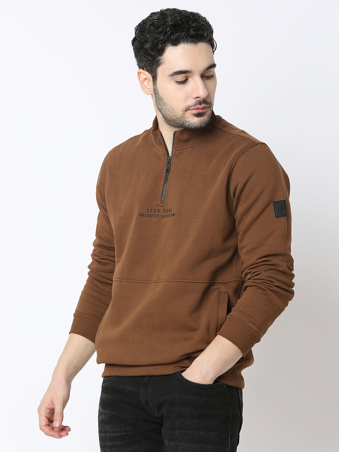 Spykar Bison Brown Cotton Poly Regular Fit Sweatshirt For Men