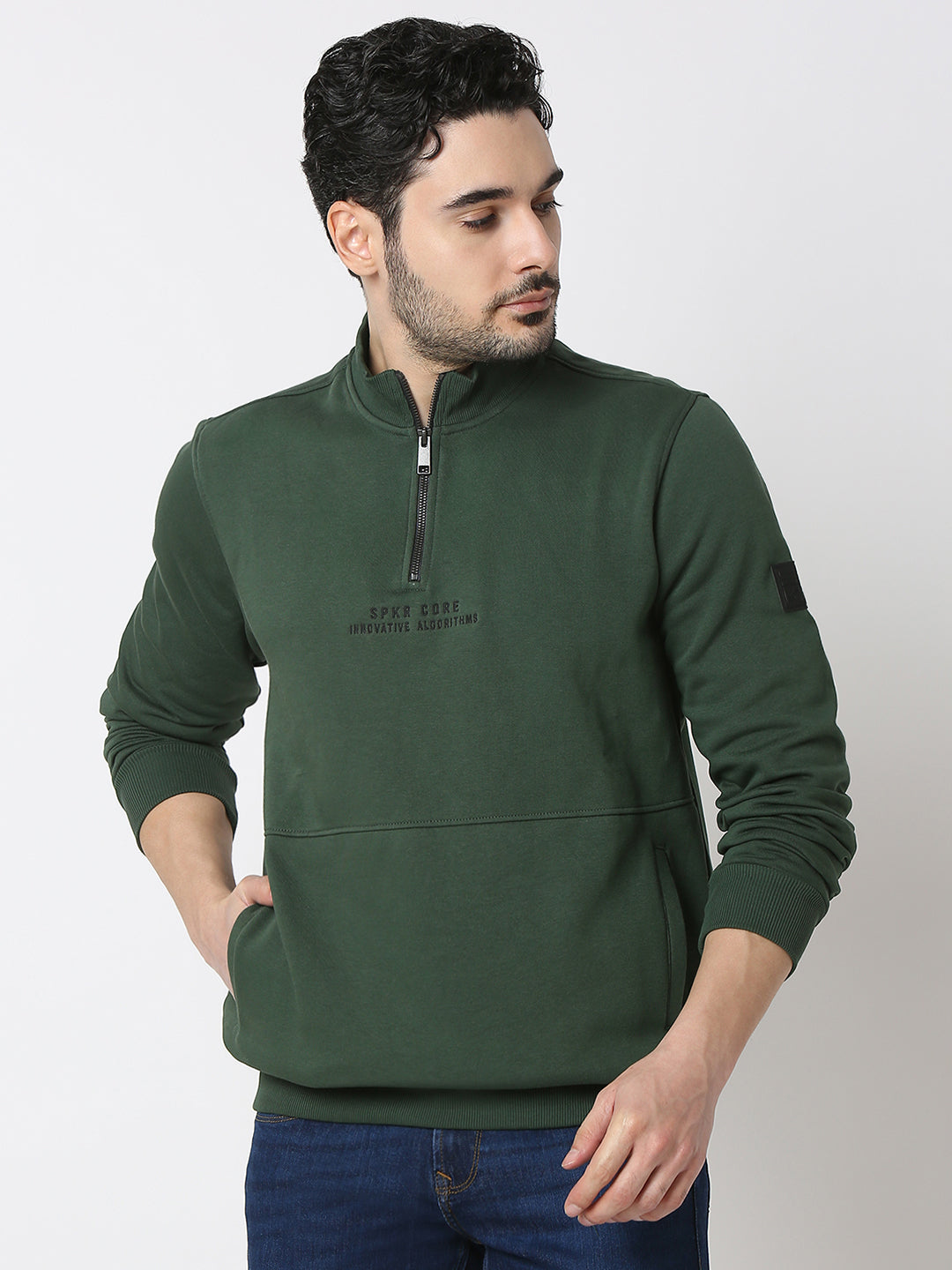 Spykar Cilantro Green Cotton Poly Regular Fit Sweatshirt For Men