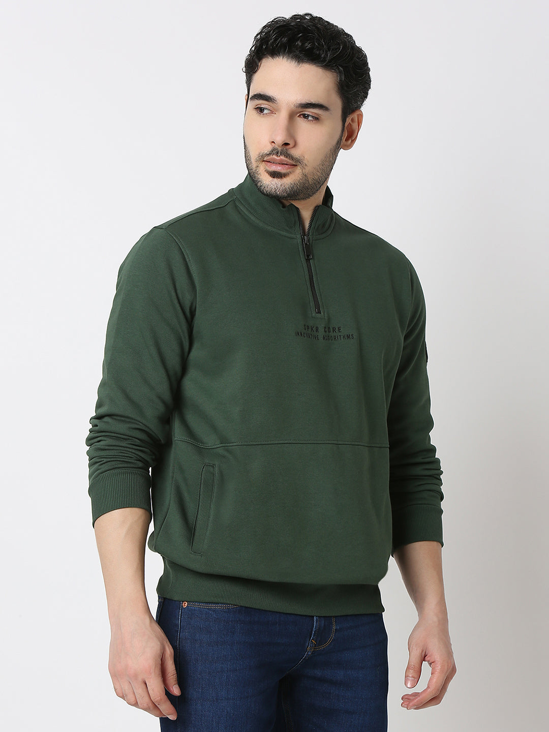 Spykar Cilantro Green Cotton Poly Regular Fit Sweatshirt For Men