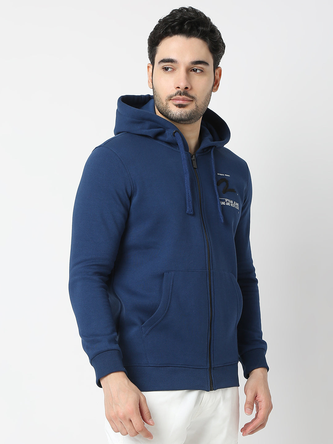 Spykar Indigo Blue Hooded Full Sleeve Sweatshirt For Men