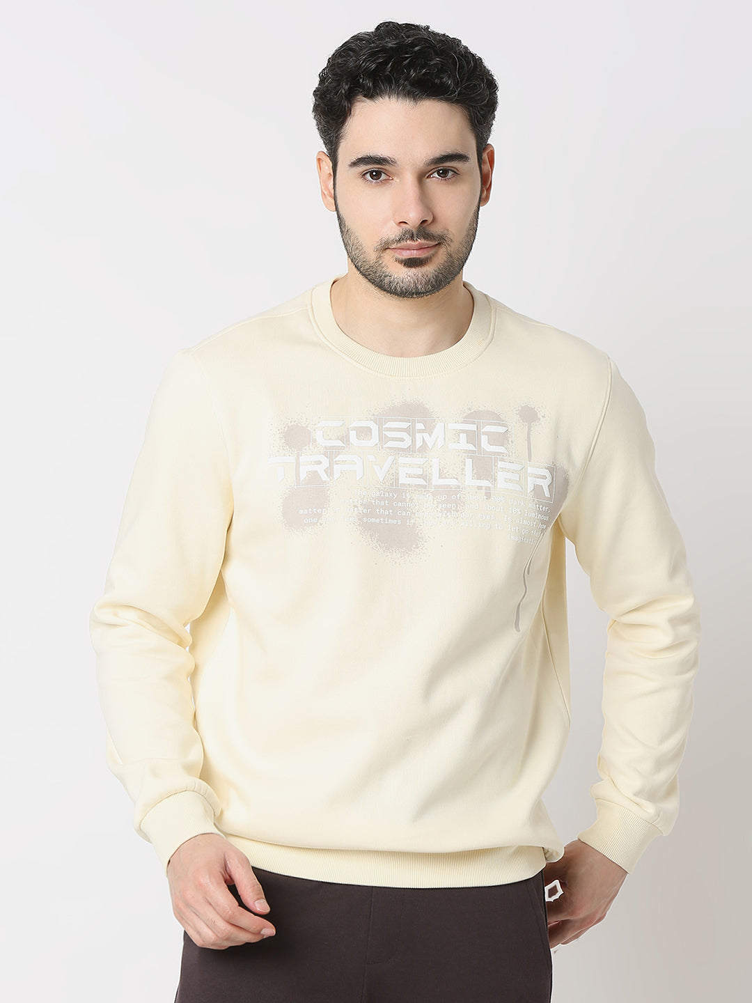 Spykar Off White Cotton Poly Slim Fit Sweatshirt For Men