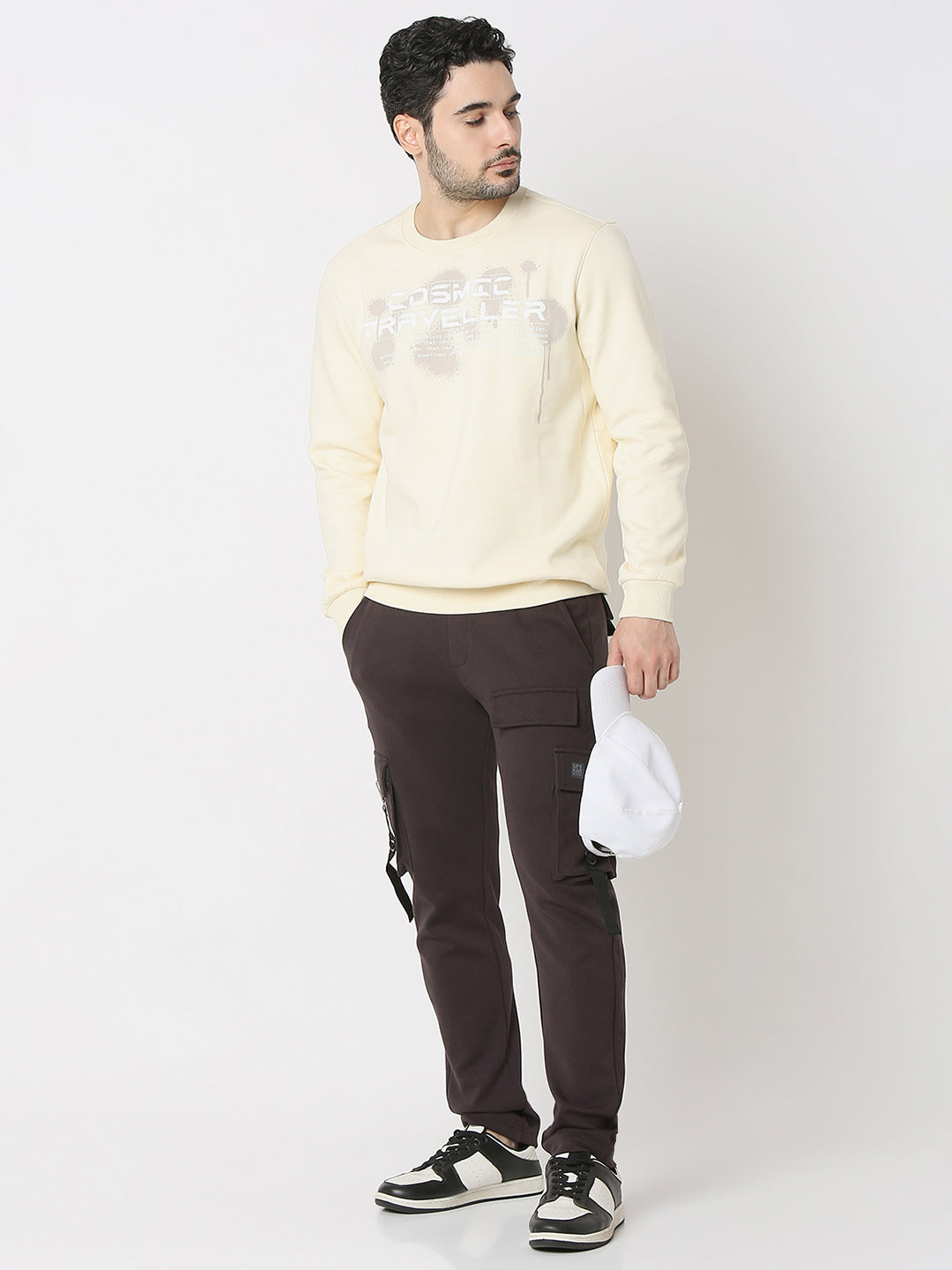 Spykar Off White Cotton Poly Slim Fit Sweatshirt For Men