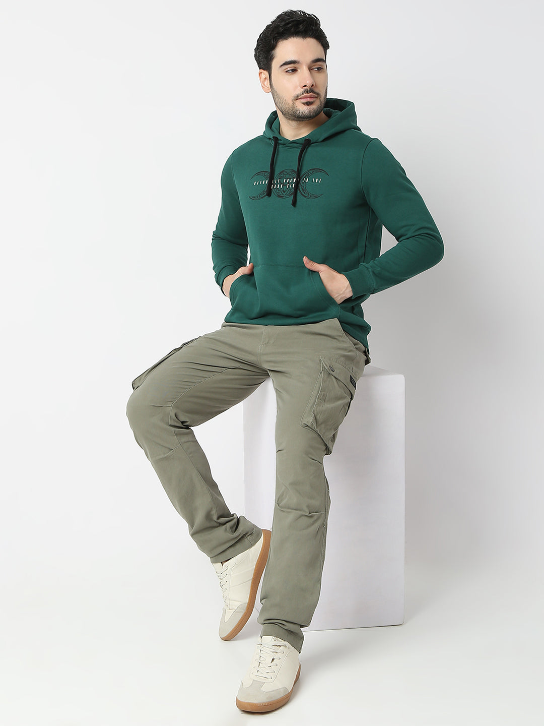 Spykar Botanical Green Hooded Sweatshirt For Men