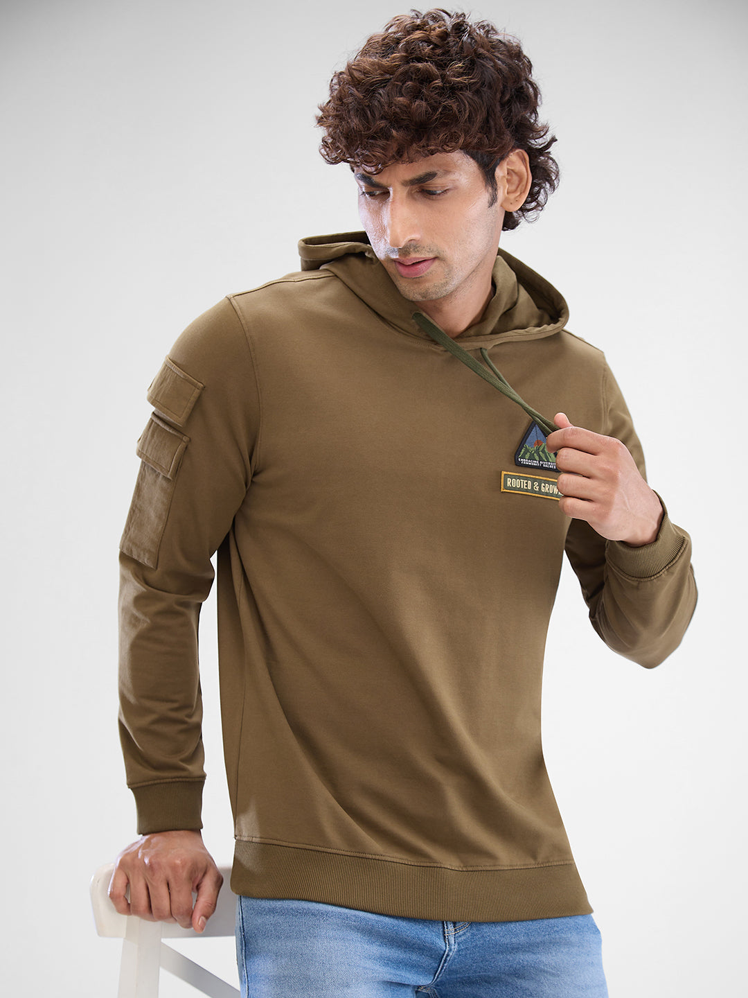 Spykar Military Green Cotton Full Sleeve Sweatshirt For Men