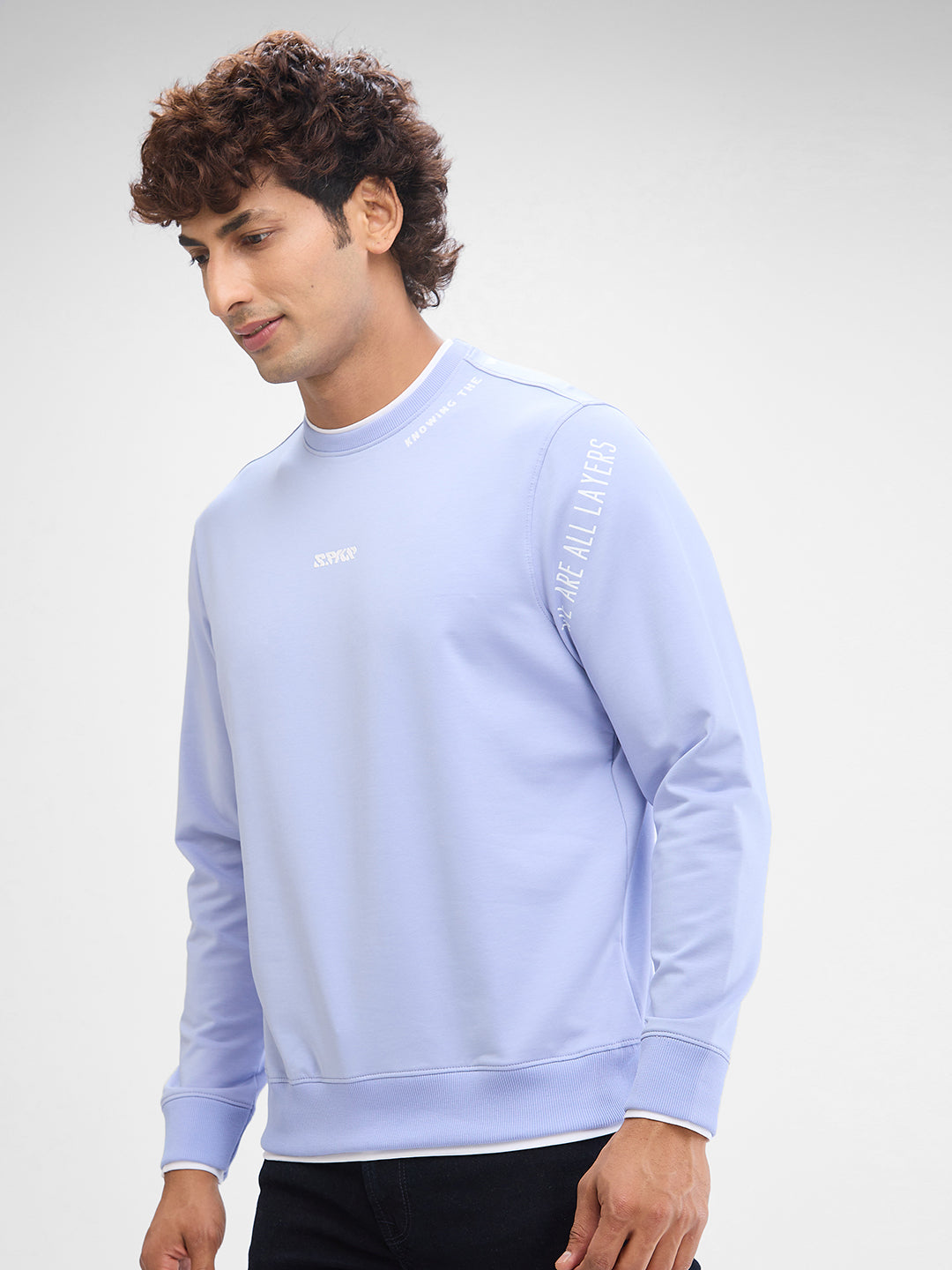 Spykar Heron Blue Cotton Full Sleeve Sweatshirt For Men