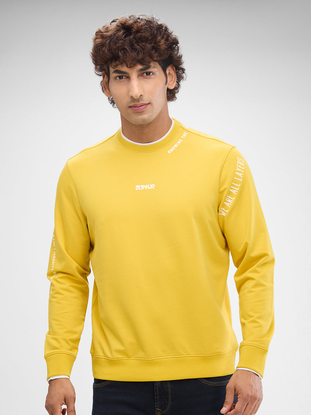 Spykar Sulphur Yellow Cotton Full Sleeve Sweatshirt For Men