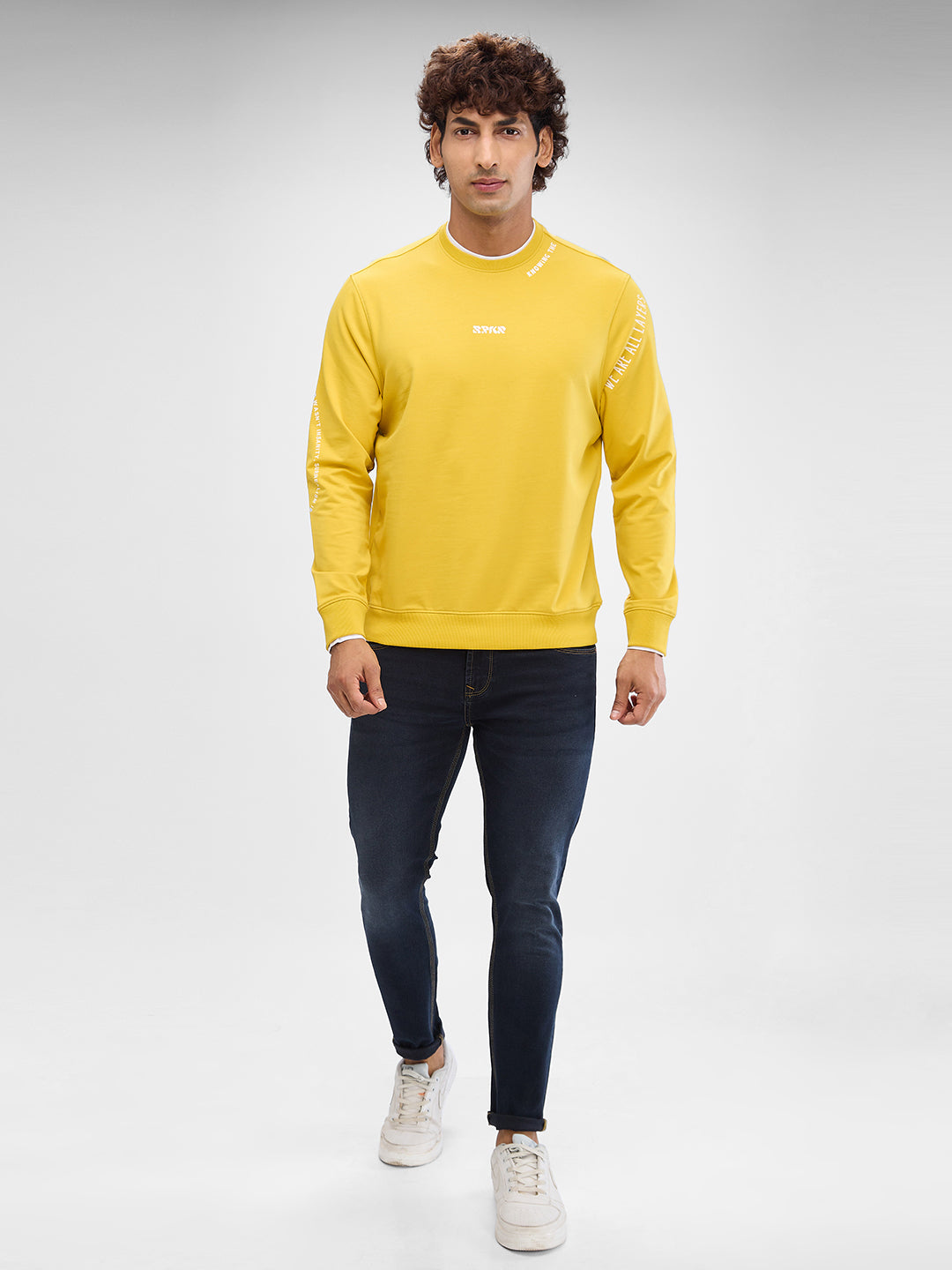 Spykar Sulphur Yellow Cotton Full Sleeve Sweatshirt For Men