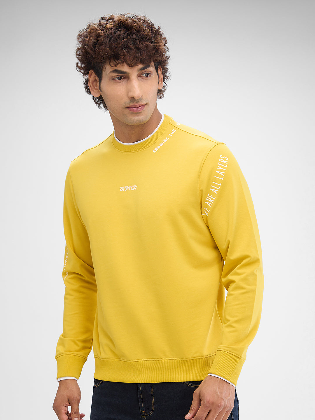 Spykar Sulphur Yellow Cotton Full Sleeve Sweatshirt For Men