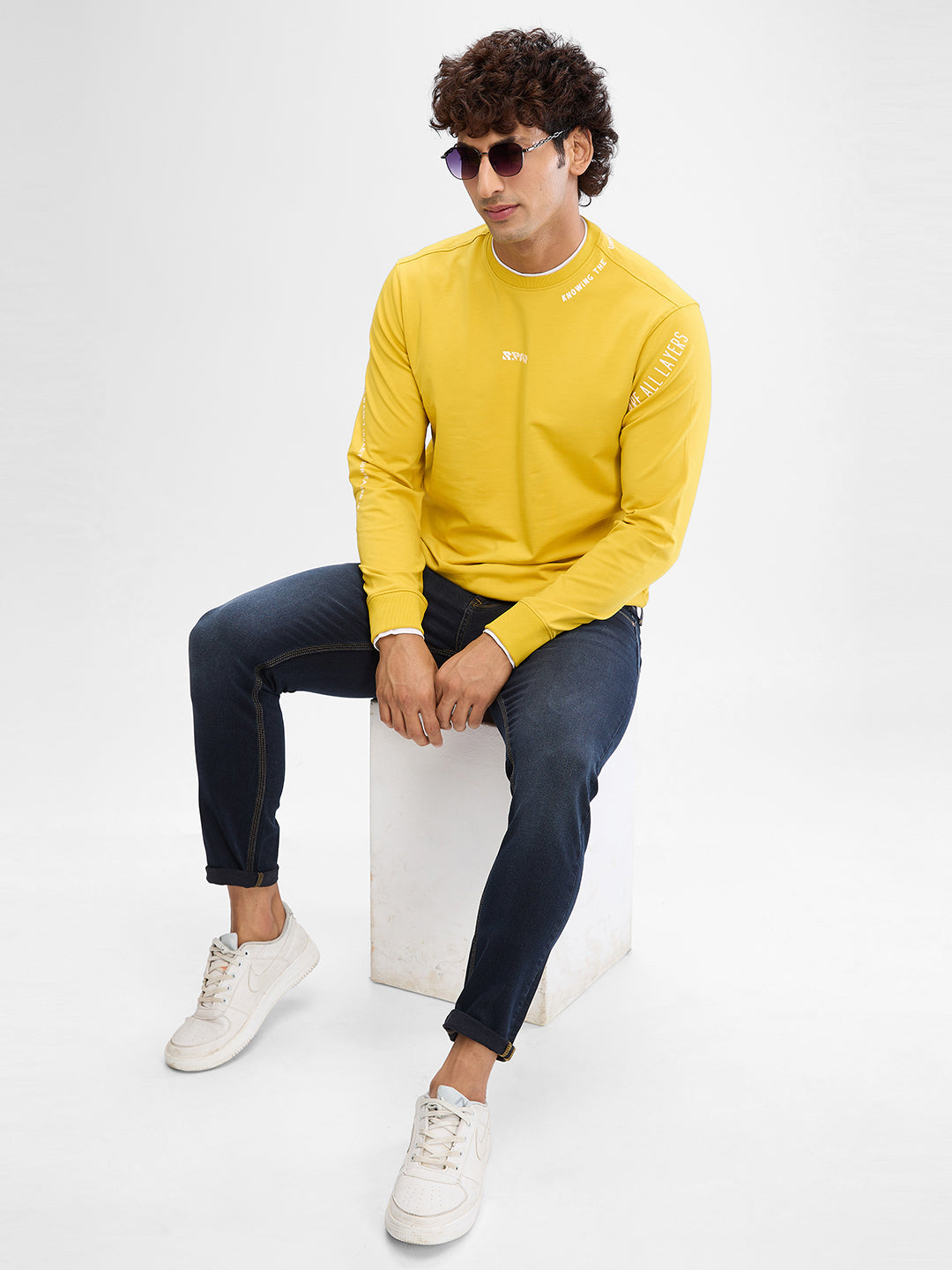 Spykar Sulphur Yellow Cotton Full Sleeve Sweatshirt For Men