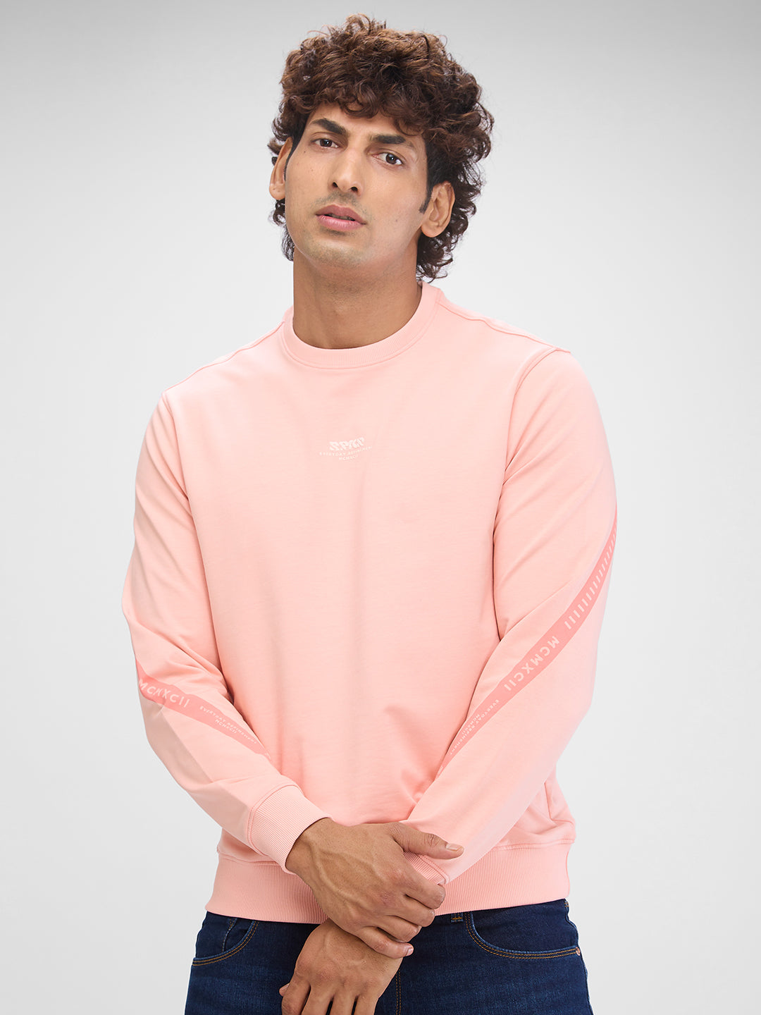 Spykar Peach Pink Cotton Poly Full Sleeve Sweatshirt For Men