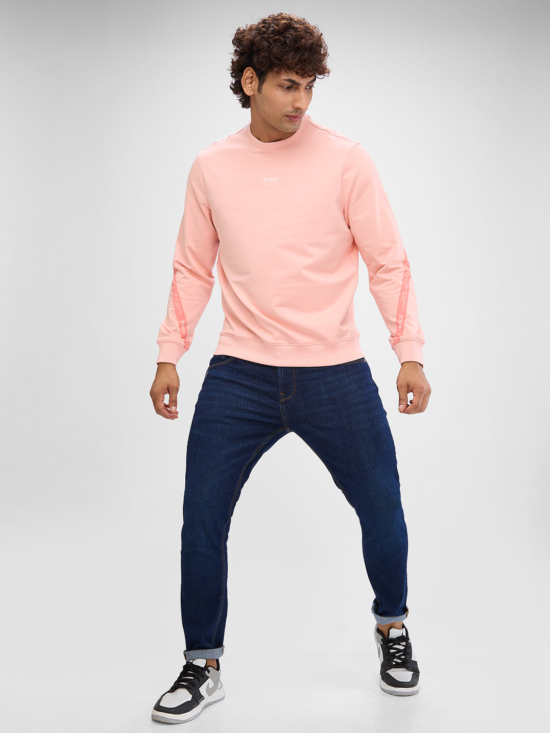 Spykar Peach Pink Cotton Poly Full Sleeve Sweatshirt For Men