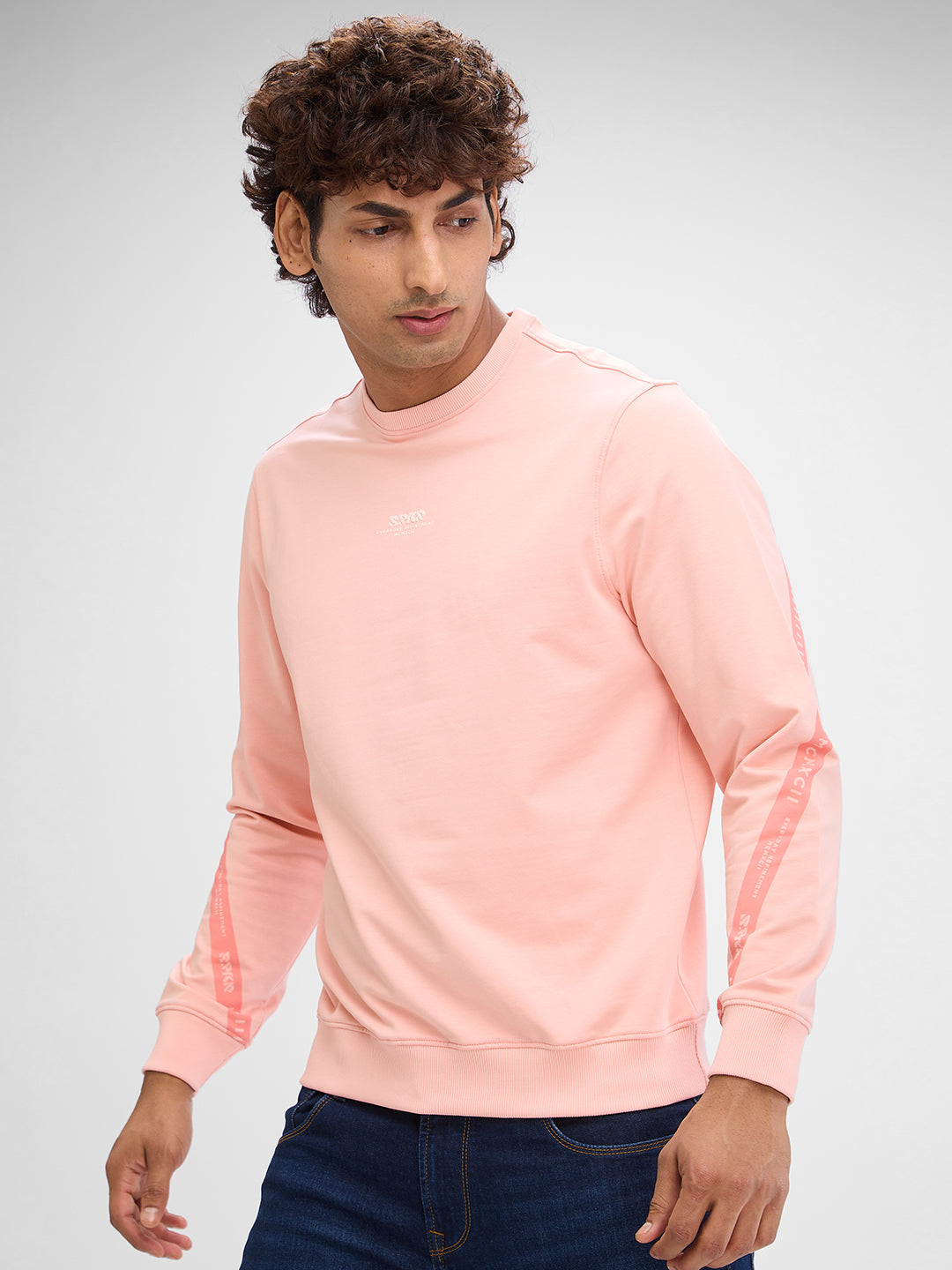 Spykar Peach Pink Cotton Poly Full Sleeve Sweatshirt For Men