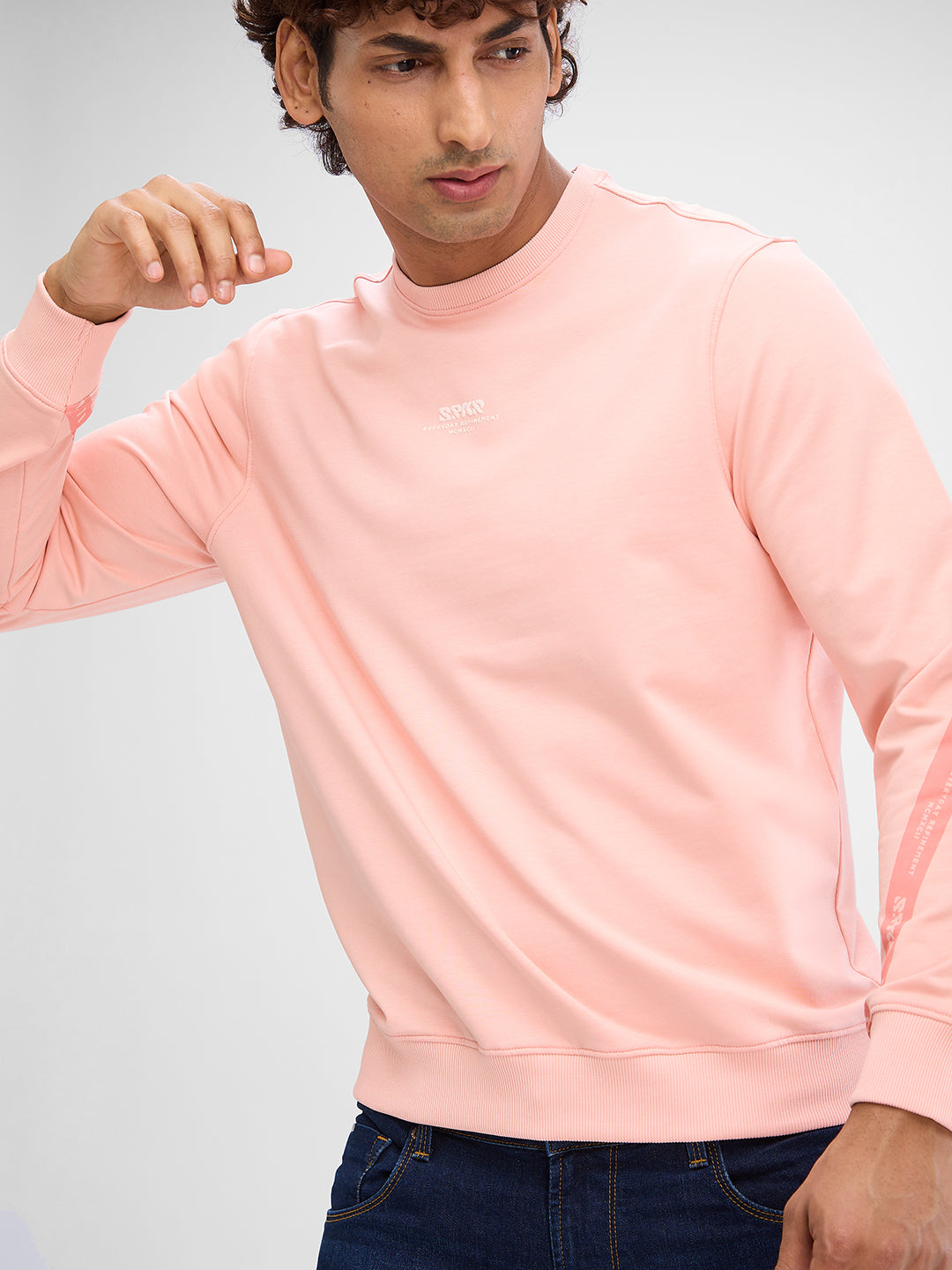 Spykar Peach Pink Cotton Poly Full Sleeve Sweatshirt For Men