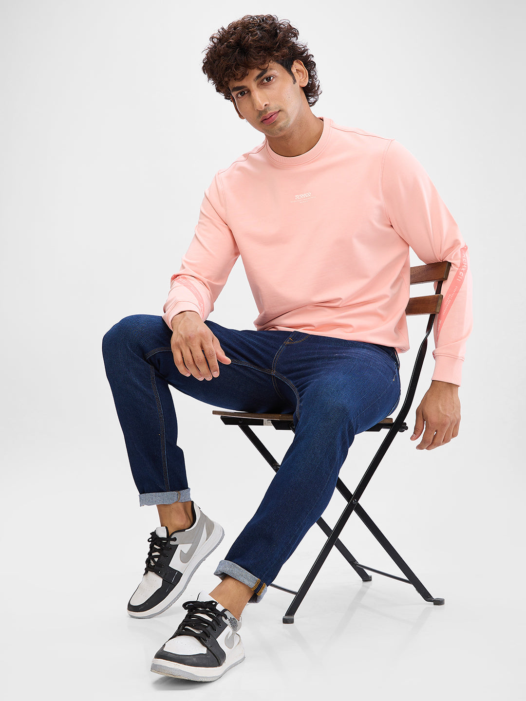 Spykar Peach Pink Cotton Poly Full Sleeve Sweatshirt For Men