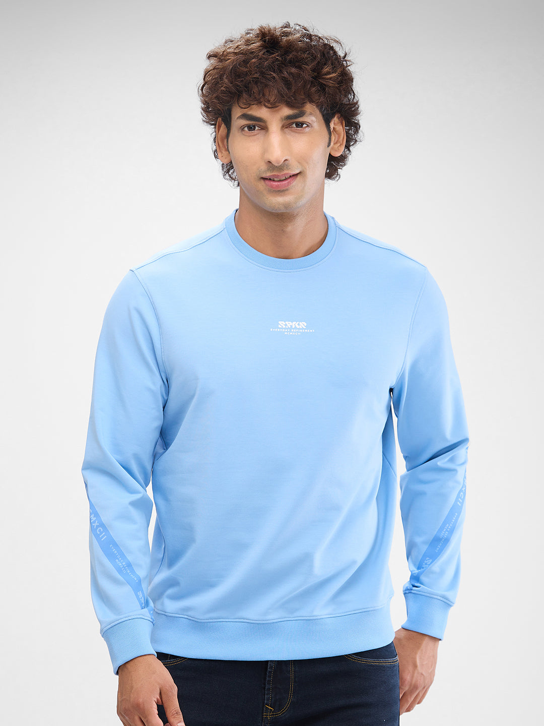 Spykar Powder Blue Cotton Poly Full Sleeve Sweatshirt For Men