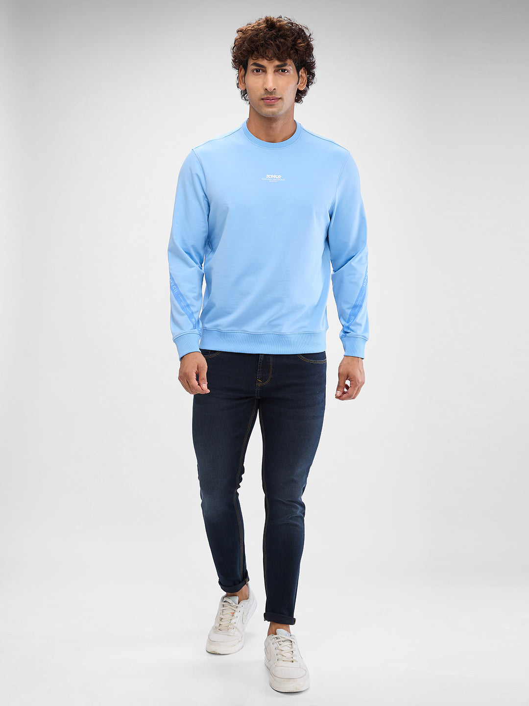 Spykar Powder Blue Cotton Poly Full Sleeve Sweatshirt For Men