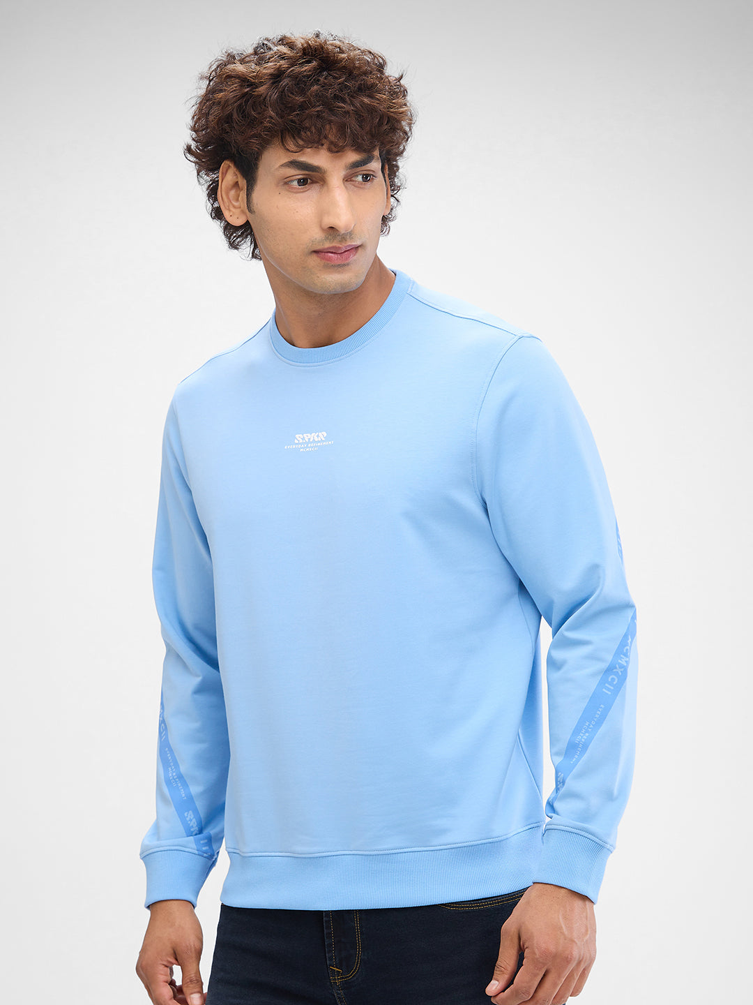 Spykar Powder Blue Cotton Poly Full Sleeve Sweatshirt For Men