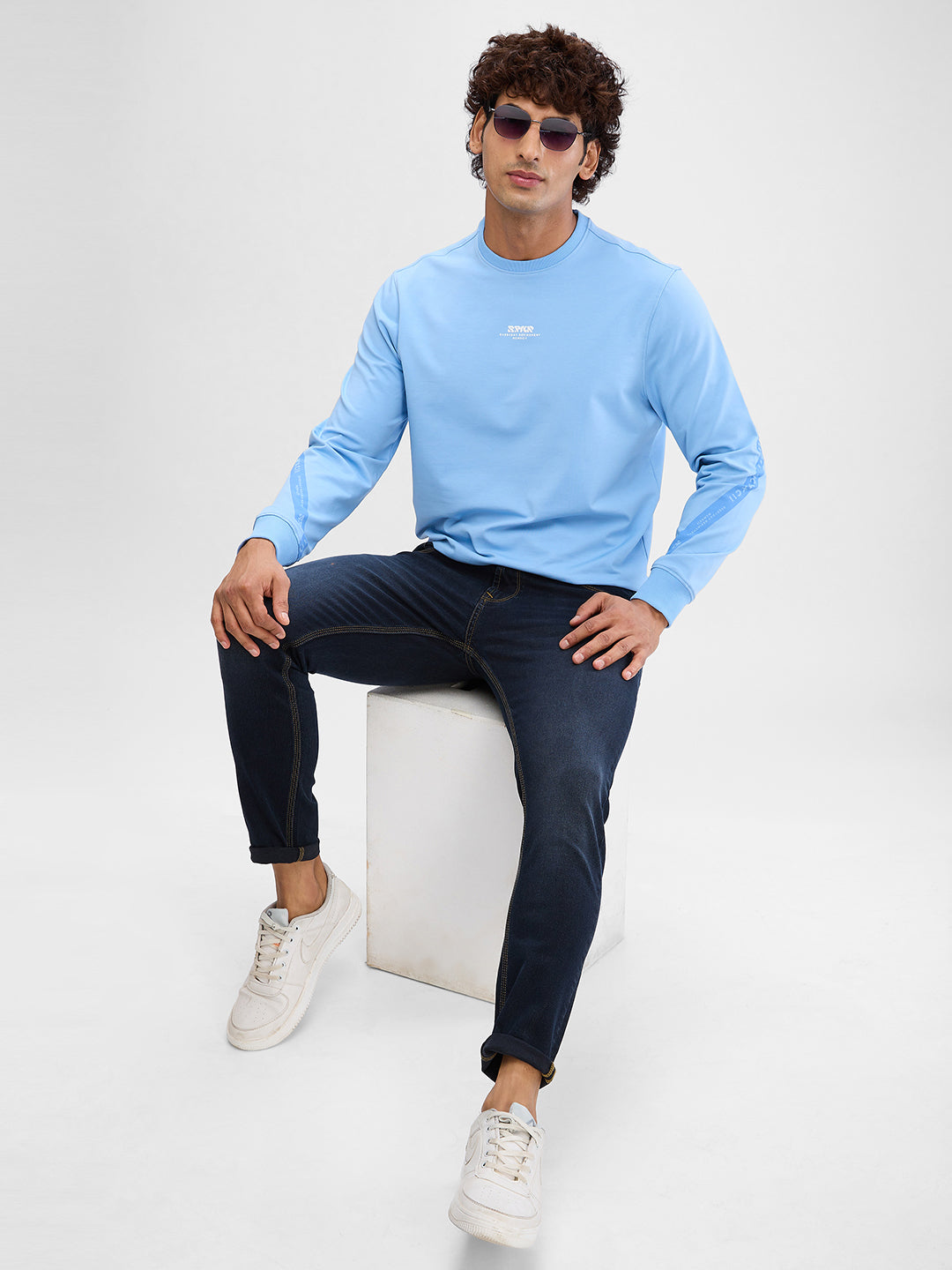 Spykar Powder Blue Cotton Poly Full Sleeve Sweatshirt For Men