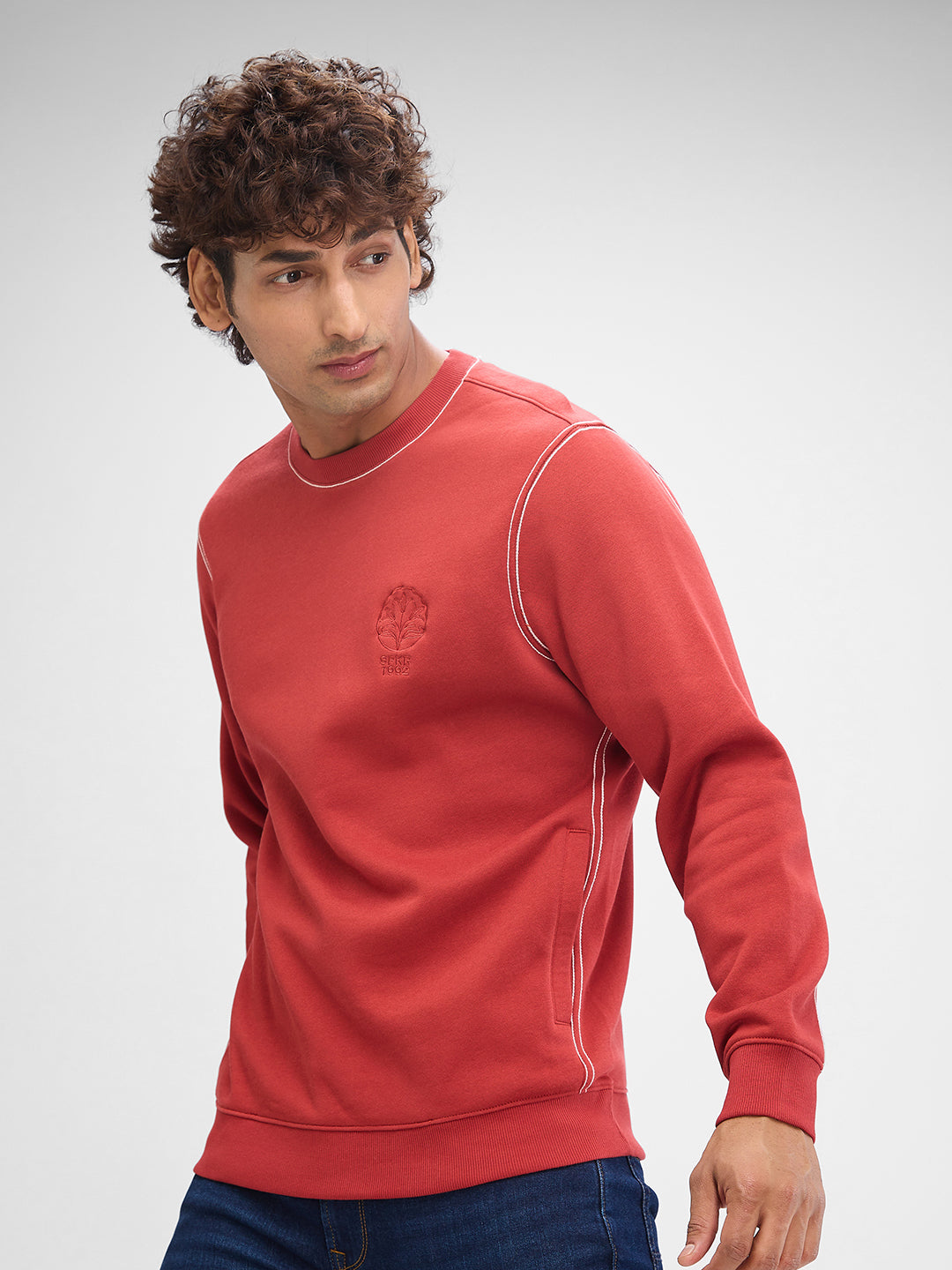 Spykar Burnt Orange Cotton Poly Full Sleeve Sweatshirt For Men