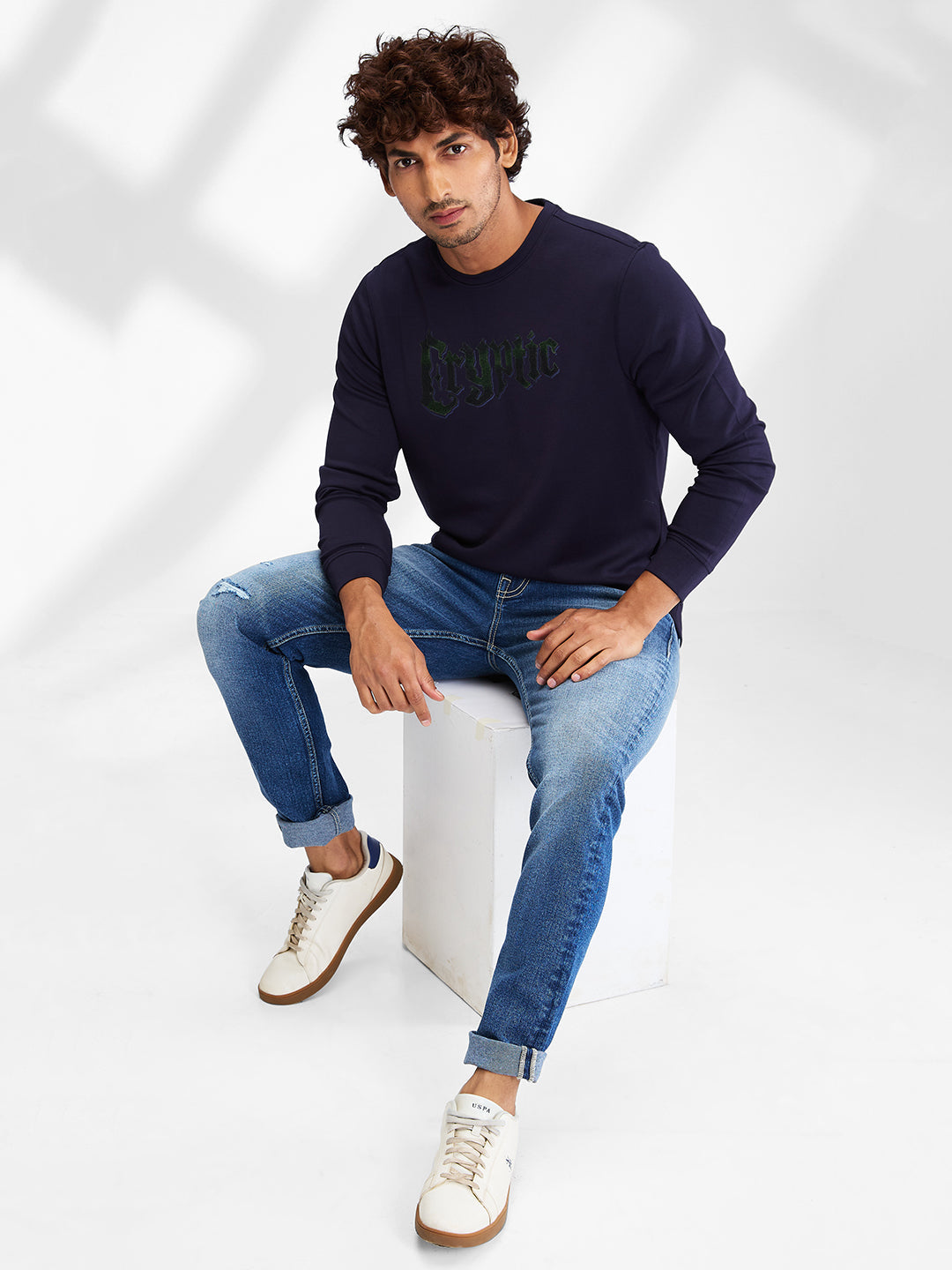 Spykar Men Solid Blue Regular Fit Full Sleeves Sweat Shirts