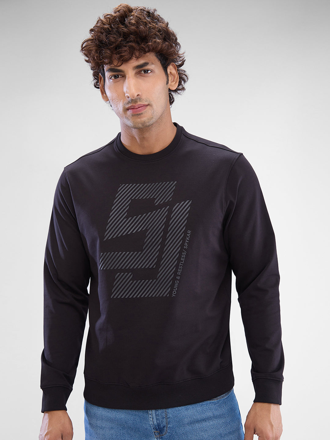 Spykar Black Cotton Poly Full Sleeve  Sweatshirt For Men