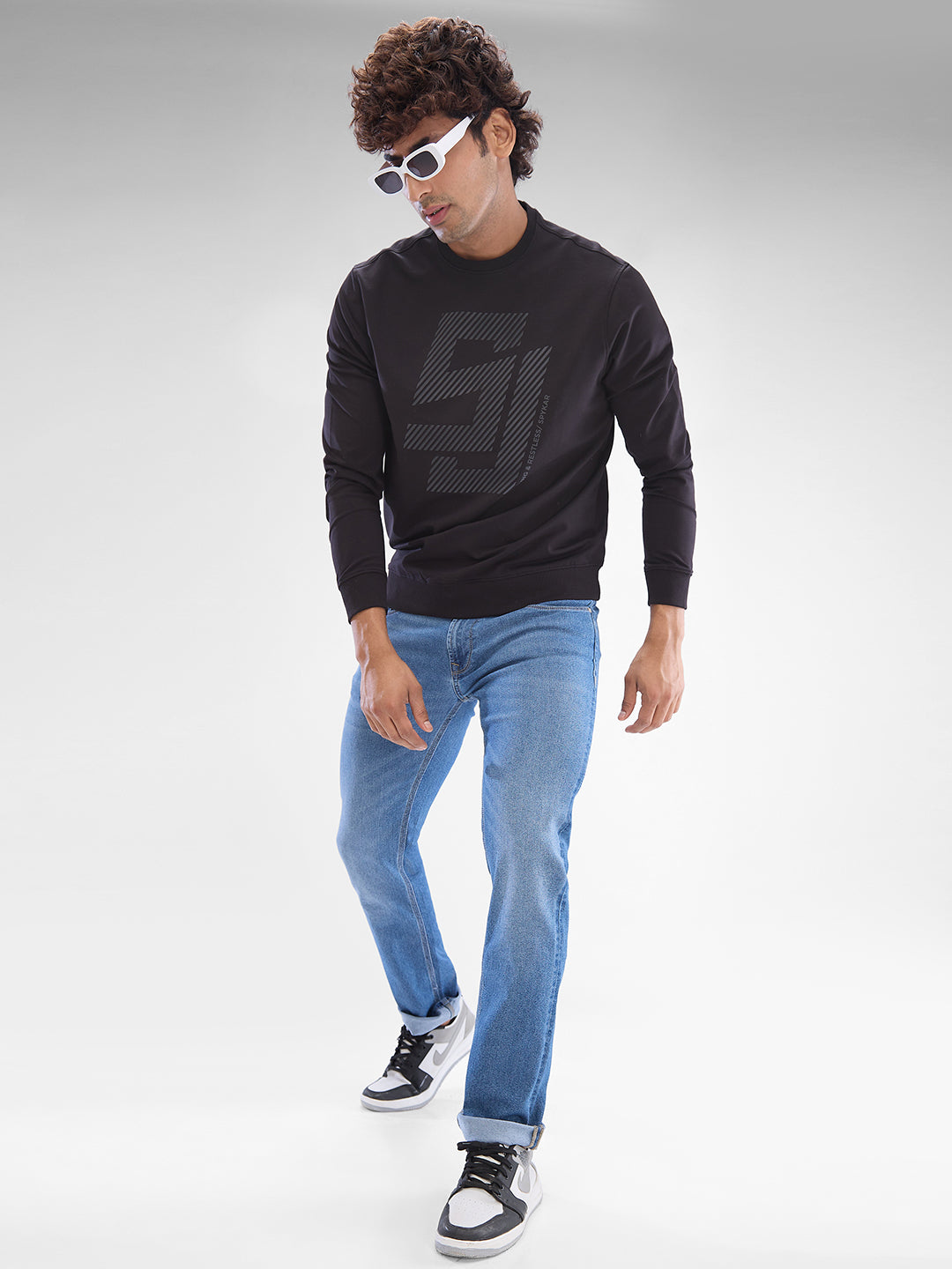 Spykar Black Cotton Poly Full Sleeve  Sweatshirt For Men