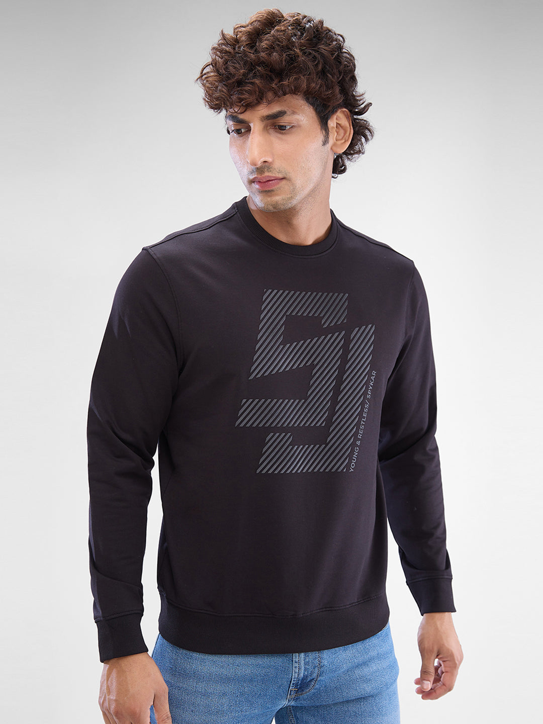 Spykar Black Cotton Poly Full Sleeve  Sweatshirt For Men