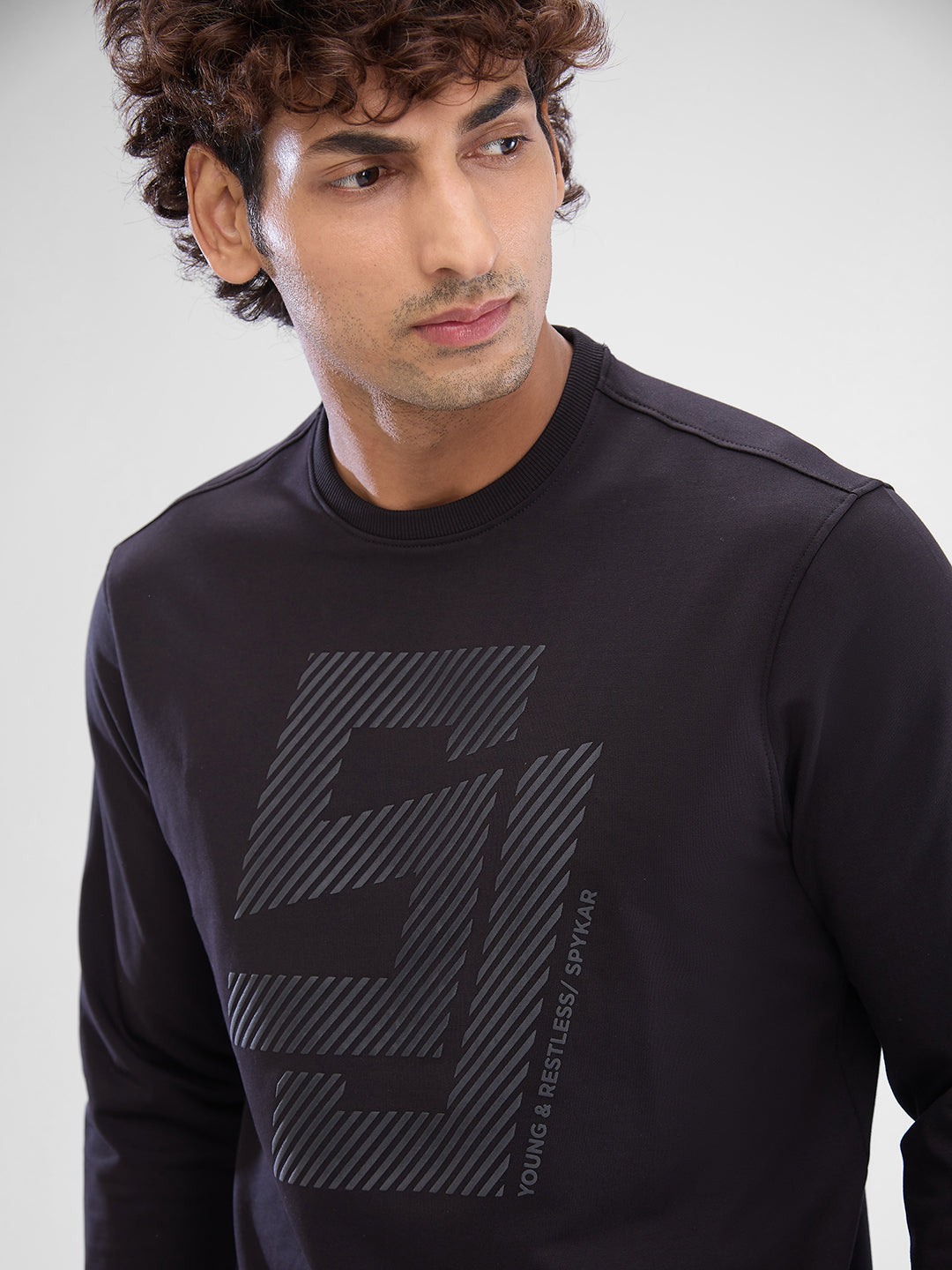 Spykar Black Cotton Poly Full Sleeve  Sweatshirt For Men