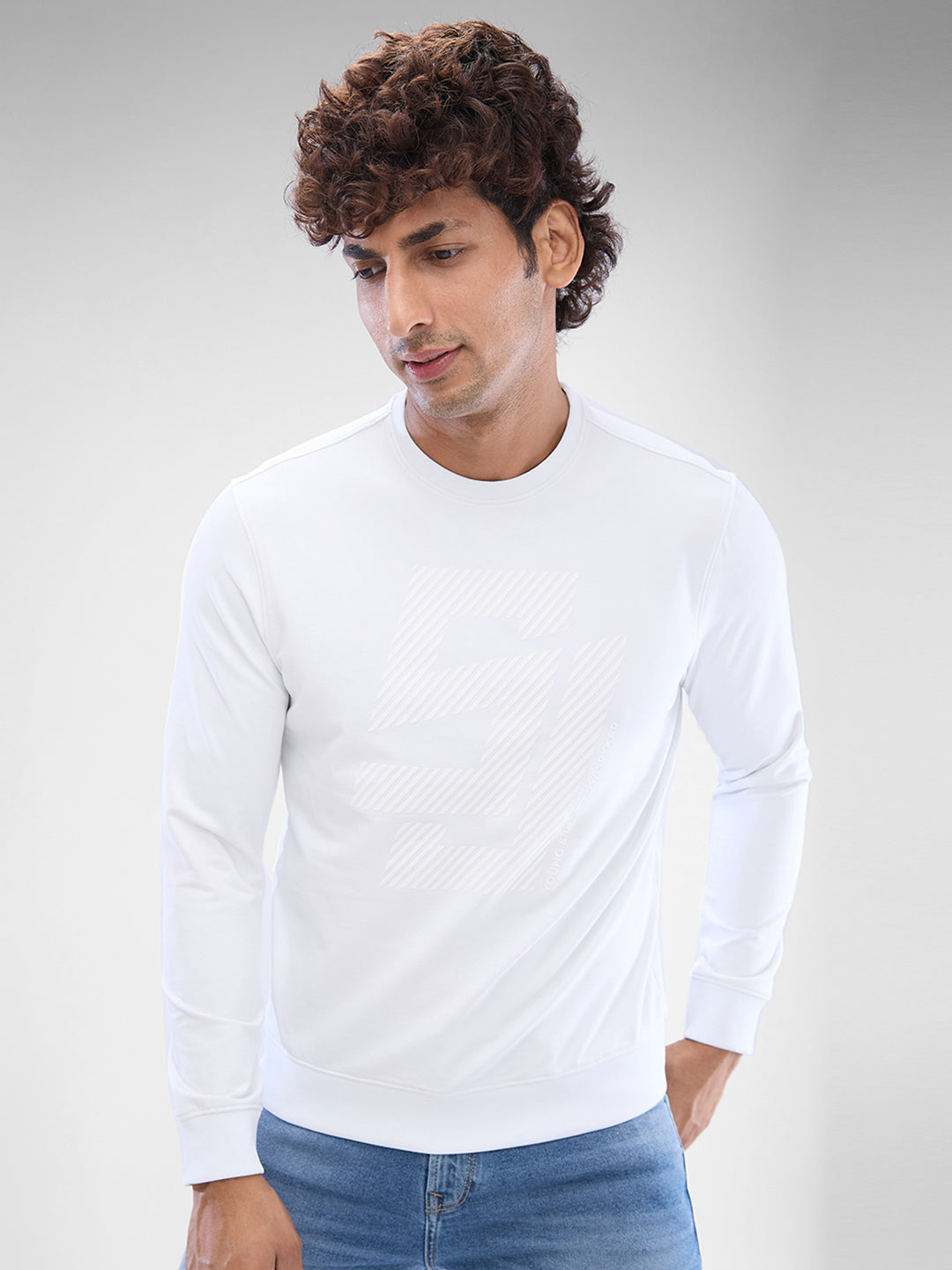 Spykar White Cotton Poly Full Sleeve  Sweatshirt For Men