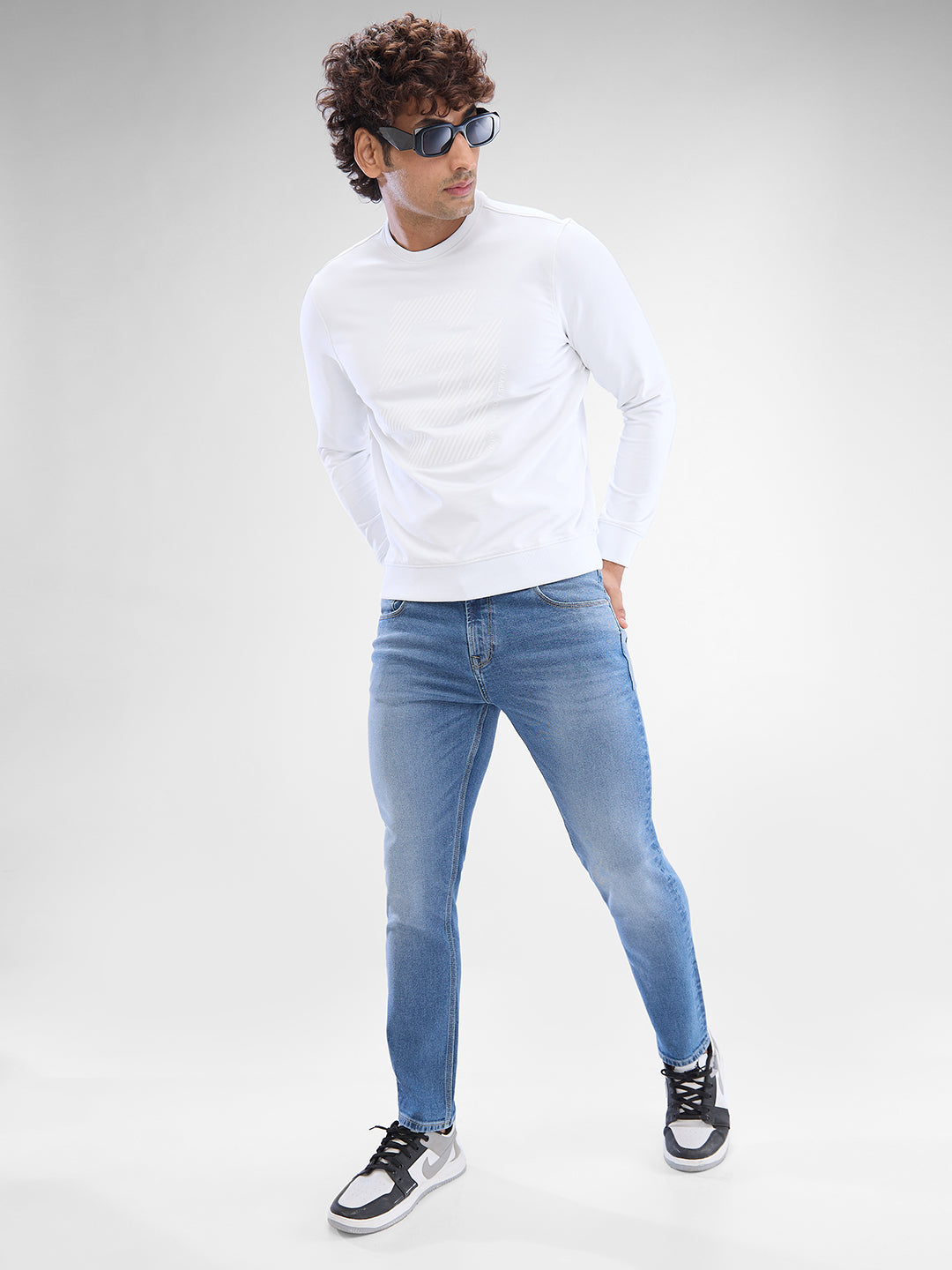 Spykar White Cotton Poly Full Sleeve  Sweatshirt For Men