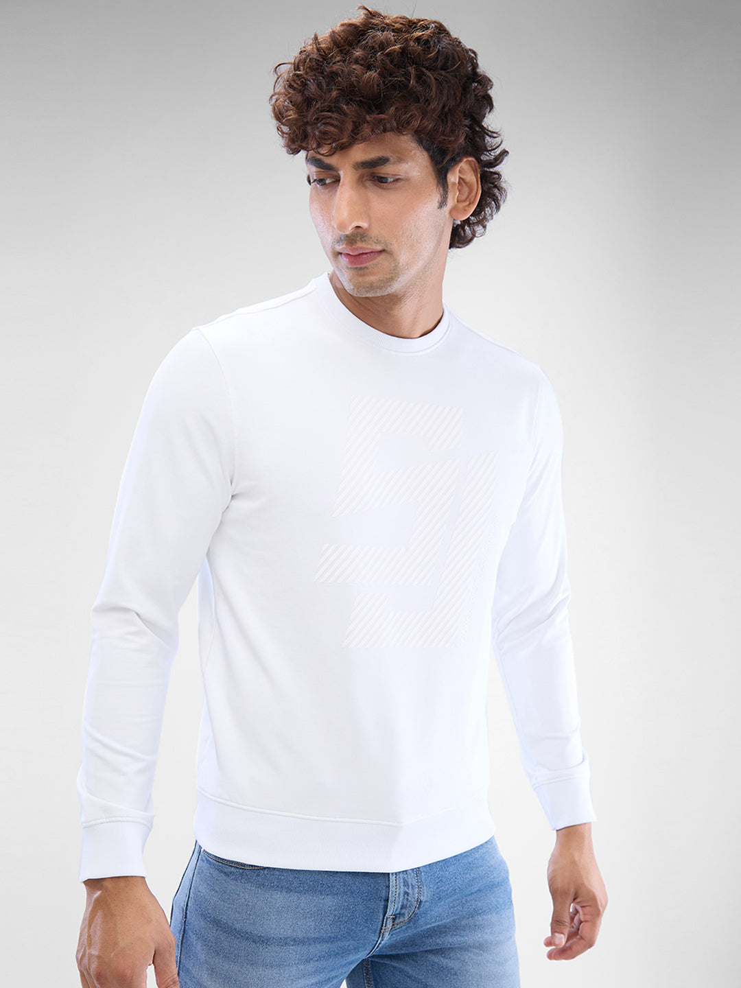 Spykar White Cotton Poly Full Sleeve  Sweatshirt For Men