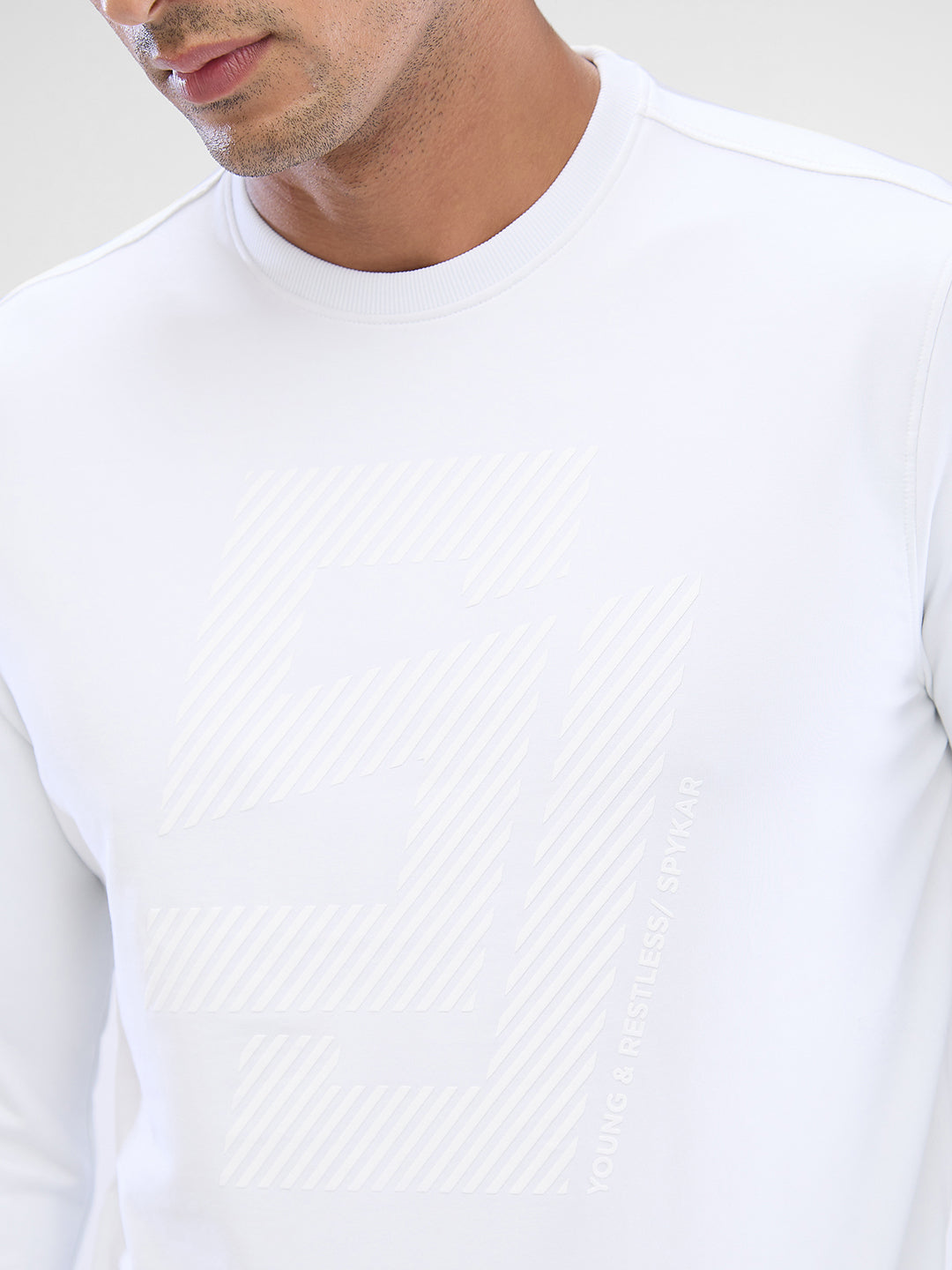 Spykar White Cotton Poly Full Sleeve  Sweatshirt For Men