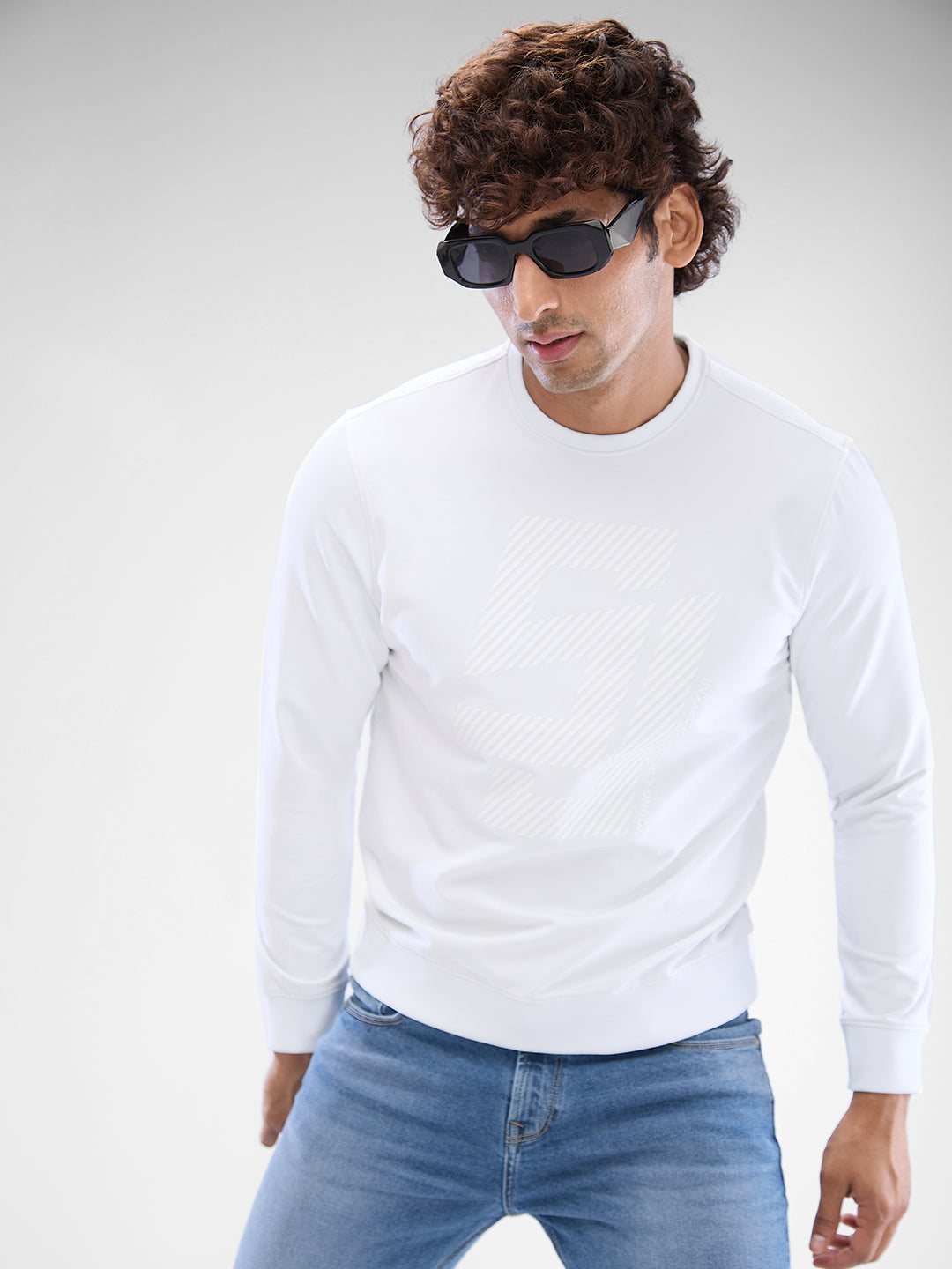 Spykar White Cotton Poly Full Sleeve  Sweatshirt For Men