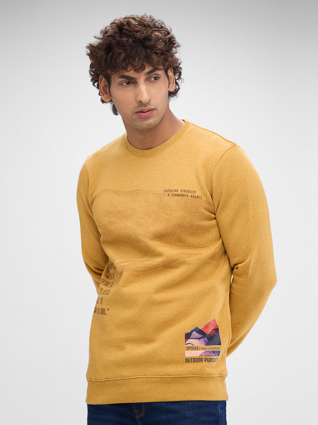 Spykar Camel Khaki Cotton Poly Full Sleeve Sweatshirt For Men