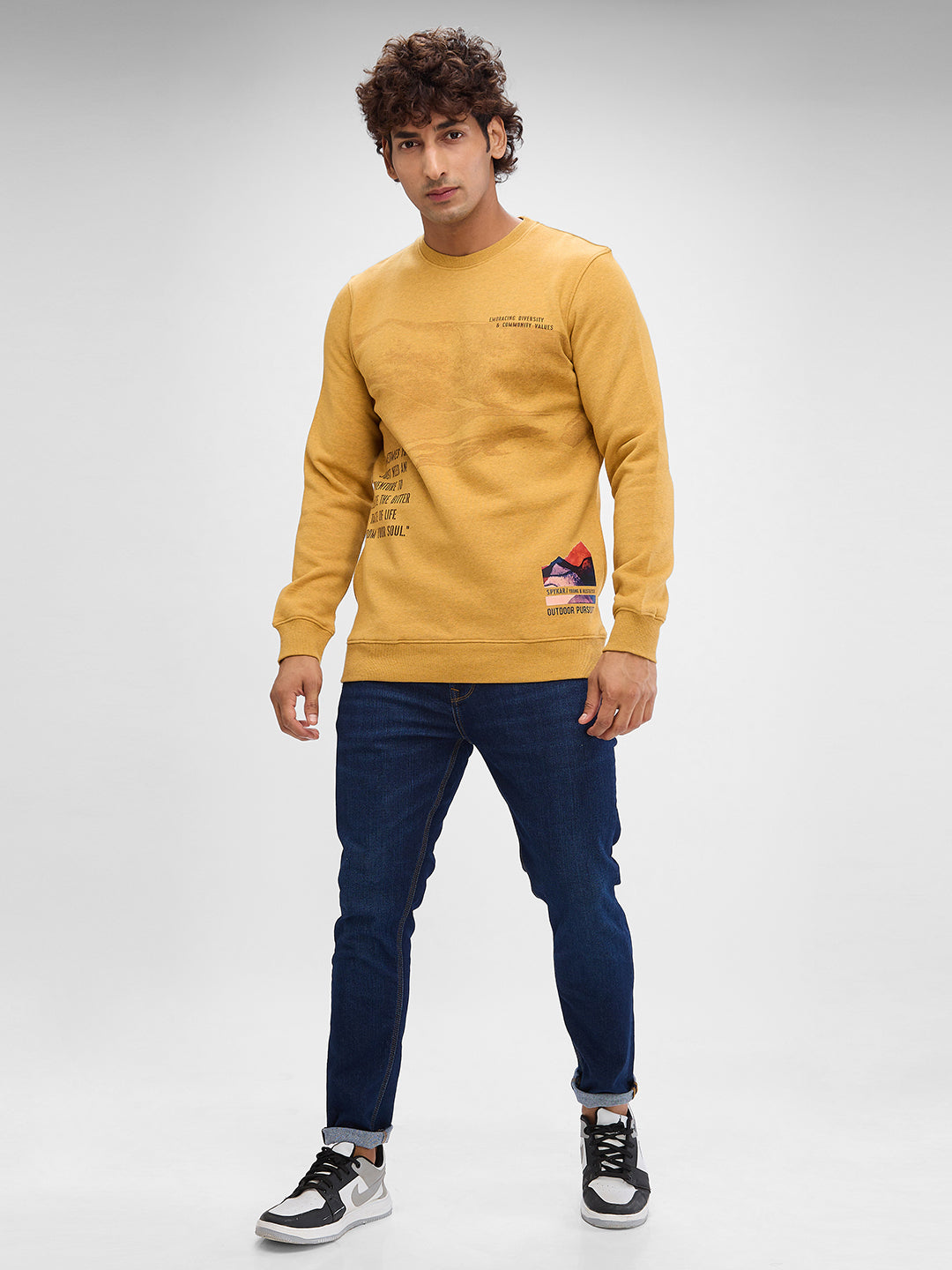 Spykar Camel Khaki Cotton Poly Full Sleeve Sweatshirt For Men