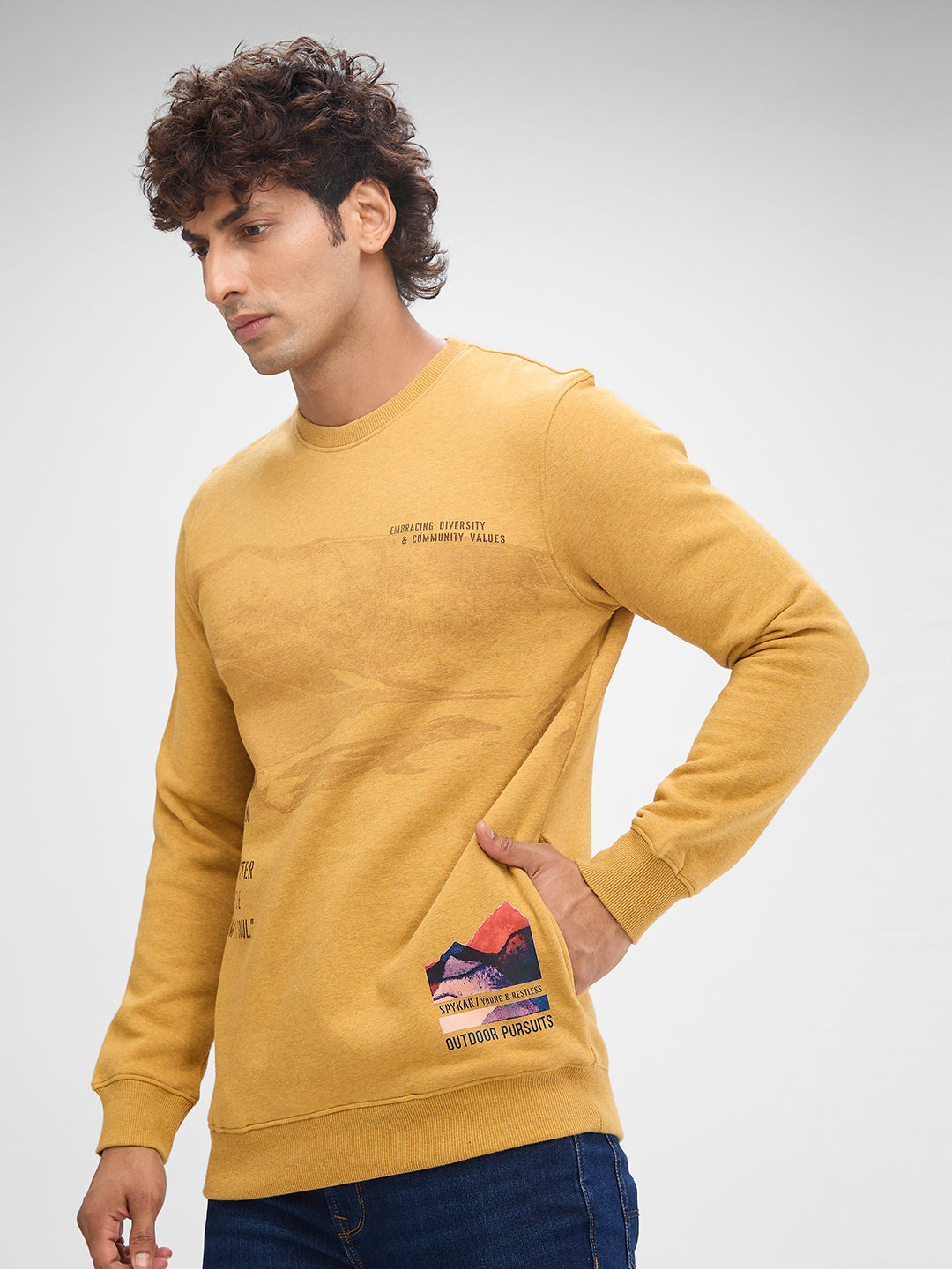 Spykar Camel Khaki Cotton Poly Full Sleeve Sweatshirt For Men