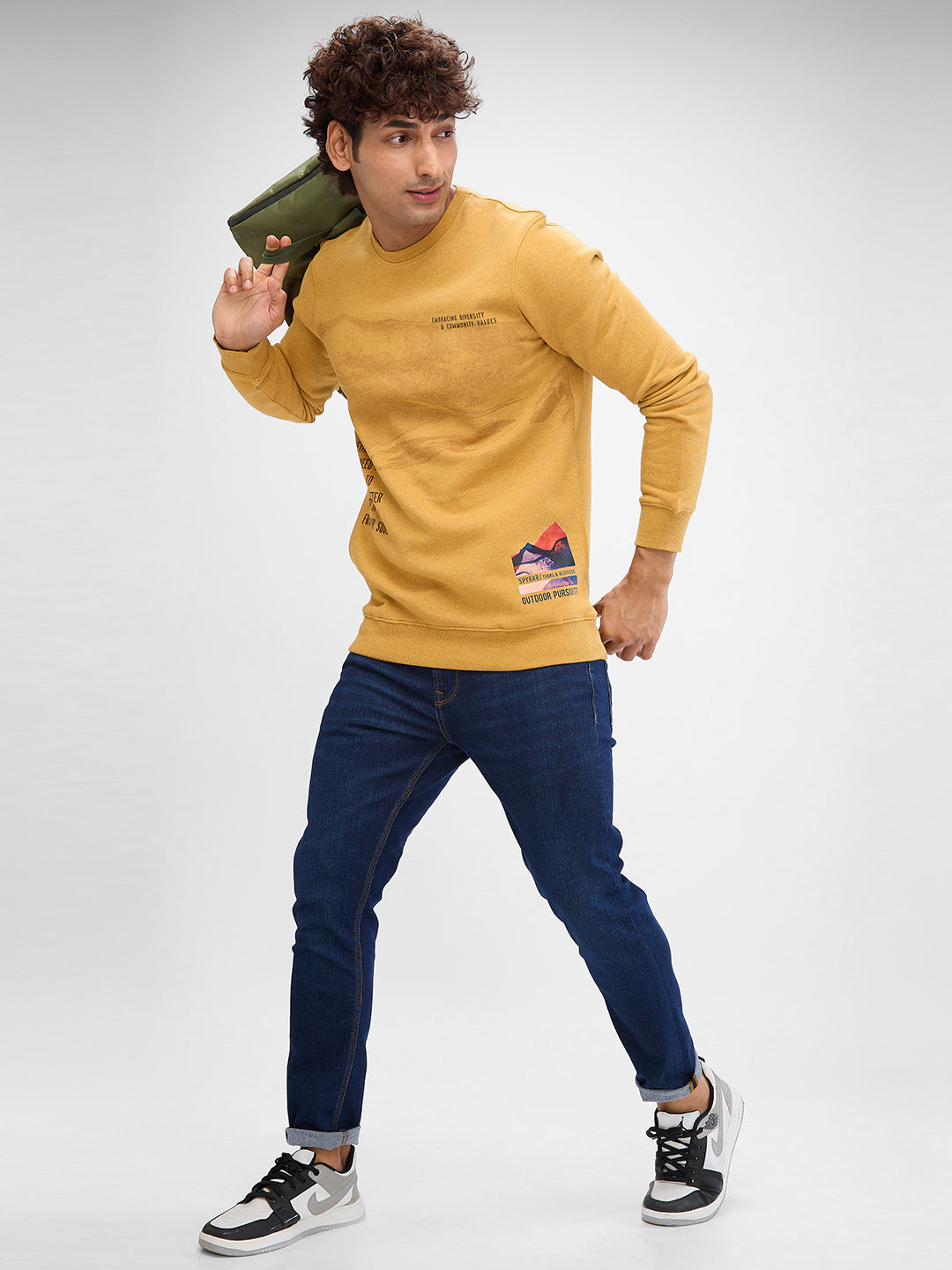 Spykar Camel Khaki Cotton Poly Full Sleeve Sweatshirt For Men