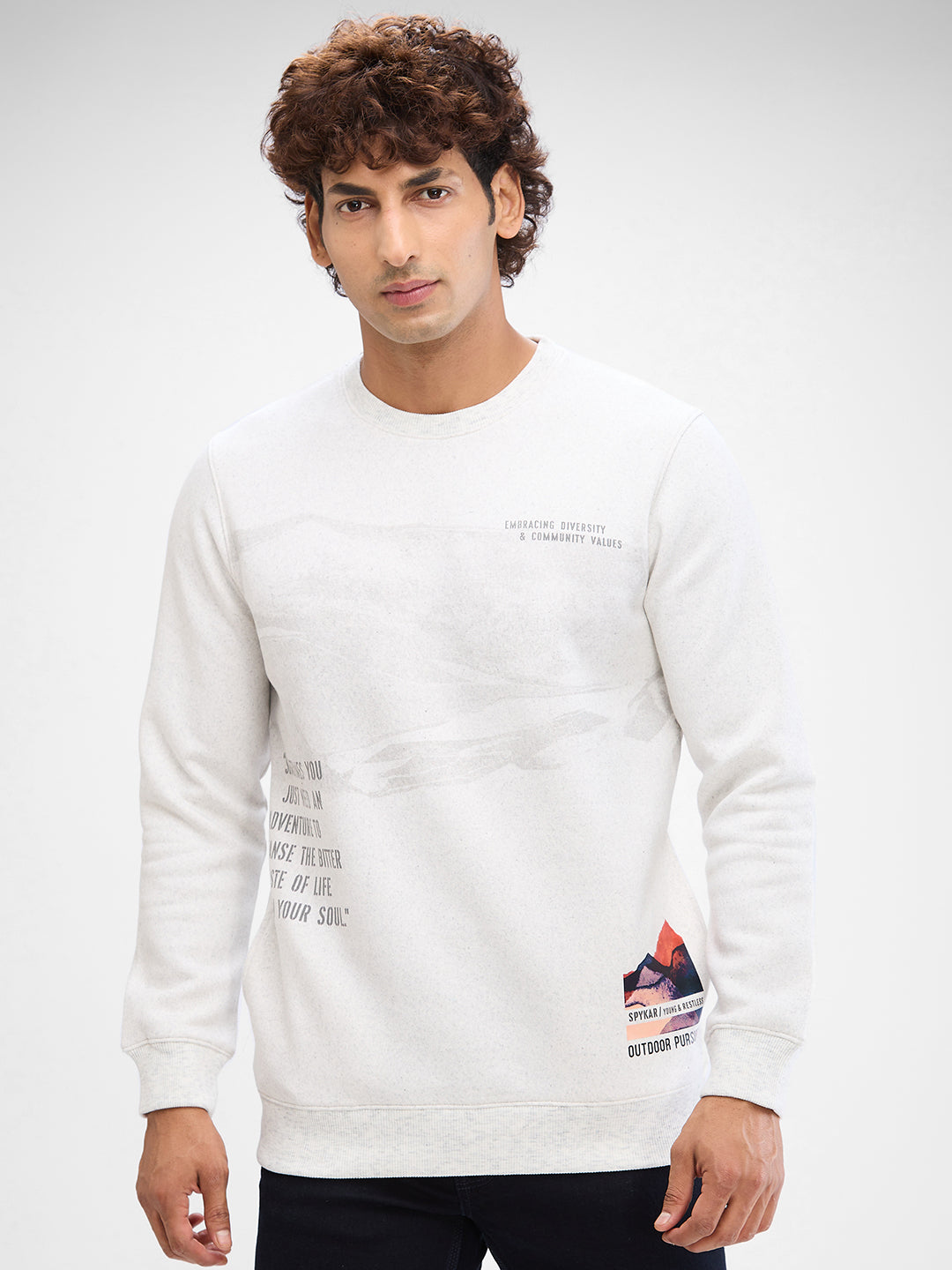 Spykar White Cotton Poly Full Sleeve Sweatshirt For Men