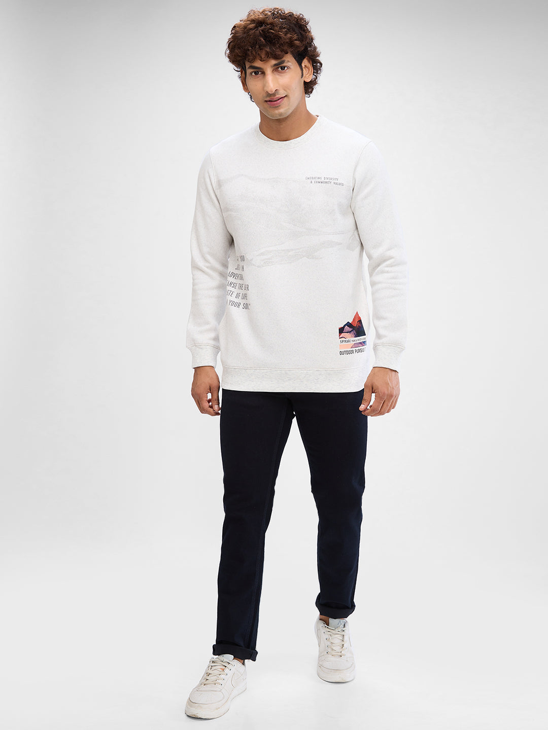 Spykar White Cotton Poly Full Sleeve Sweatshirt For Men