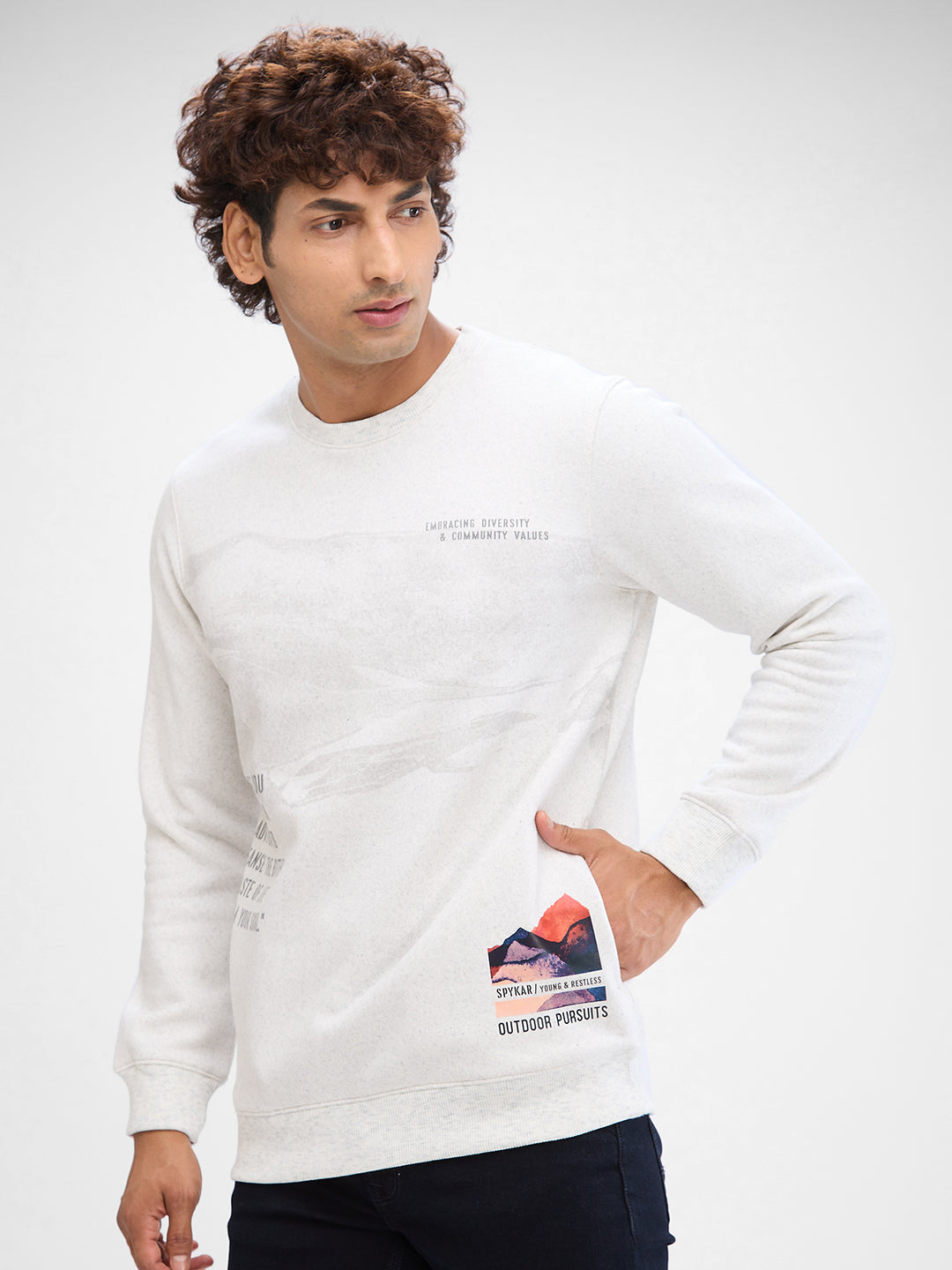 Spykar White Cotton Poly Full Sleeve Sweatshirt For Men